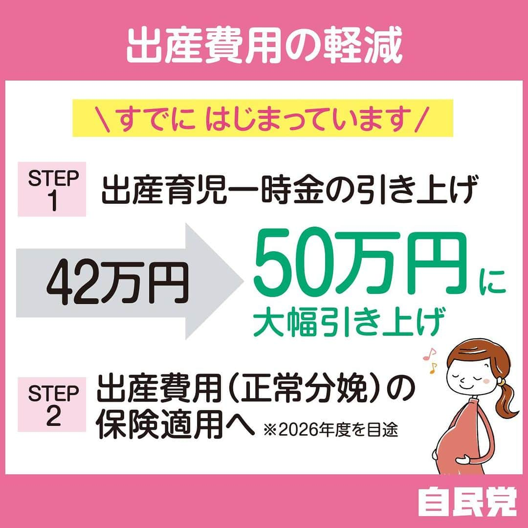 自民党さんのインスタグラム写真 - (自民党Instagram)「【こども未来戦略方針】 ①若い世代の所得を増やす「出産費用の軽減」 出産育児一時金の引き上げは既にスタート。 出産費用（正常分娩）の保険適用は2026年度を目途にスタート予定です。  #こども未来戦略 #少子化対策 #出産費用軽減」7月12日 7時30分 - jimin.jp