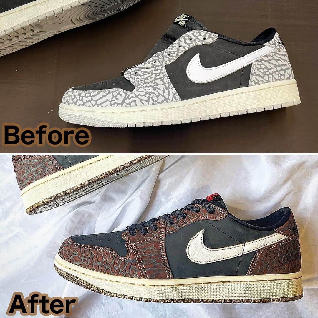 Sneaker At Randomのインスタグラム：「カスタムペイント  ご希望、お好みに合わせてペイントしました。  タンタグ:アンジェラス塗料 ヌバック:スエード染色液 アウトソール:レザー染色液 SWOOSH :レザー染色液 ミッドソール:レザー染色液  #sneakeratrandom#スニーカーアトランダム#junkyard#ジャンクヤード#sneaker#スニーカー#スニーカー修理#スニーカーカスタム#市川#本八幡#梅田#阪神梅田本店#心斎橋#高円寺#angeluspaint#アンジェラスペイント#arata#アラタ#aj1 #travisscott #jordan #airjordan」