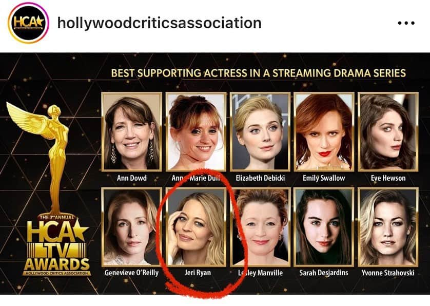 ジェリー・ライアンのインスタグラム：「What an honor…! Thank you for the nomination @hollywoodcriticsassociation, and congrats to @terrymatalas, @brentjspiner, @sirpatstew , and EVERYONE involved in Season 3 of #Picard! 🖖🏼 #startrekpicard」