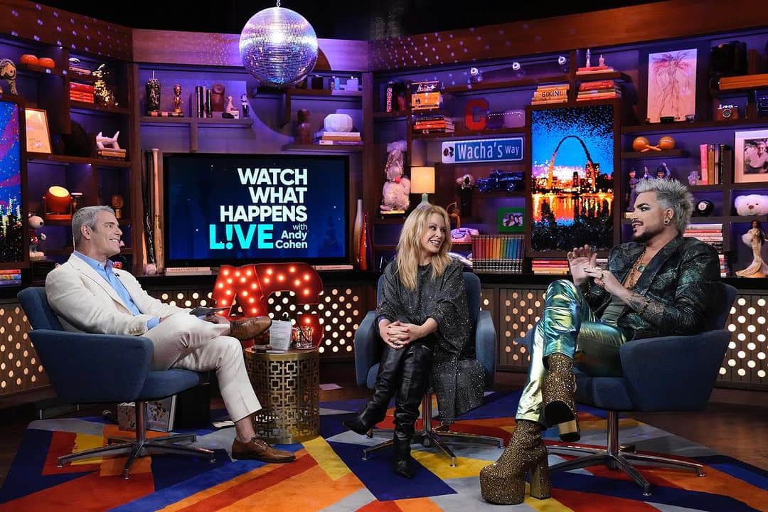 のインスタグラム：「Absolutely LOVED my time on @bravowwhl with the one and only @kylieminogue 🤍 Thank you so much for having us @bravoandy! With love, Padam Lambert #WWHL」