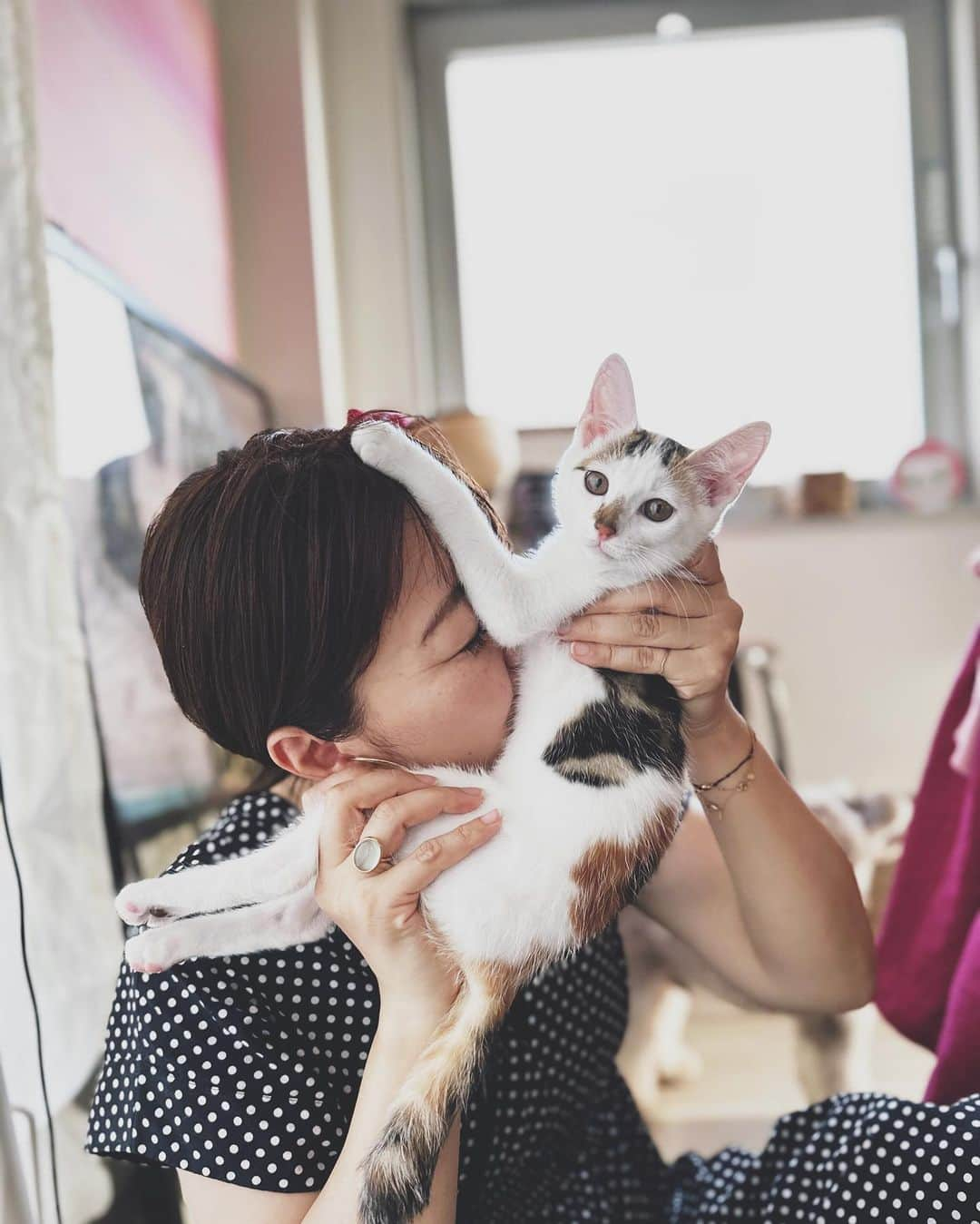 早坂香須子さんのインスタグラム写真 - (早坂香須子Instagram)「たまよ と こまの に 猫吸い界の神様が降臨✨  美雨ちゃんの猫吸いは、今や無病息災祈願のような神々しささえある。  うちに来て24日目のたま・こま、そしてダンちゃんまでが美雨ちゃんにうっとり夢中になった✨  猫好きさんは、先月NHKで放送された 「ネコメンタリー　猫も、杓子（しゃくし）も。」 を観た方も多いと思う。  サバ美との日々の暮らしと音楽と言葉、大切なひとの訃報…。生と死を真っ直ぐに澄んだ瞳でみつめた美雨ちゃんの文章に、1度目は堪えた涙が、時間をおいて視聴した時に崩壊した。  このスクショをする時にもジワッときてしまったけれど、生と死と愛に溢れた優しい世界を、また観たいと思う。  番組ネコメンタリーは、初回の「養老先生とまる」の放送からの大ファンで、全編視聴していますが、「坂本美雨とさば美」は「神回」認定させて頂きたい。  番組冒頭で、お部屋に猫の置物と共に、私の絵を飾ってくれていたのも、とっても嬉しかった✨  番組はNHKオンデマンドで観れます。 動物に興味無い方も、ぜひ見て頂きたいなぁ。  はぁ、やっとネコメンタリーについて書くことが出来た。  美雨ちゃん、たま・こま・ダンに会いに来てくれてありがとう。 なまこちゃんも、ハリネズミのハリと一緒にいっぱい遊んでくれて、ありがとう🩷（合宿がんばれ）  #ネコメンタリー猫も杓子も  #坂本美雨 #猫吸い #たまよとこまの  #dan_journal #今日のなまこちゃん」7月12日 15時48分 - kazukovalentine