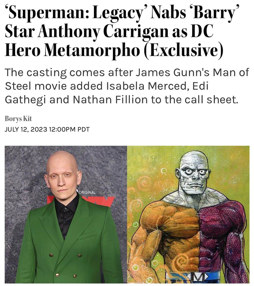 ジェームズ・ガンのインスタグラム：「Metamorpho is one of my all-time favorite characters and I’m unbelievably excited by how we’re bringing him to the screen in #SupermanLegacy - and equally excited about working with @carriganagain.」