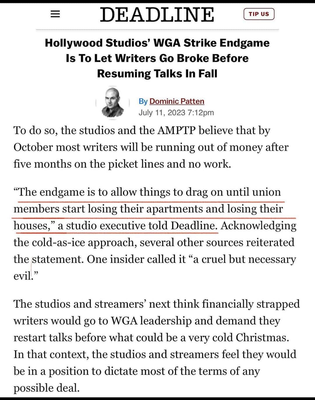 のインスタグラム：「If this is true—- and it may not be, but it is hands down the saddest thing I’ve read about this whole mess.  #solidarity @wgaeast @wgawest @wgaunity @sagaftra」