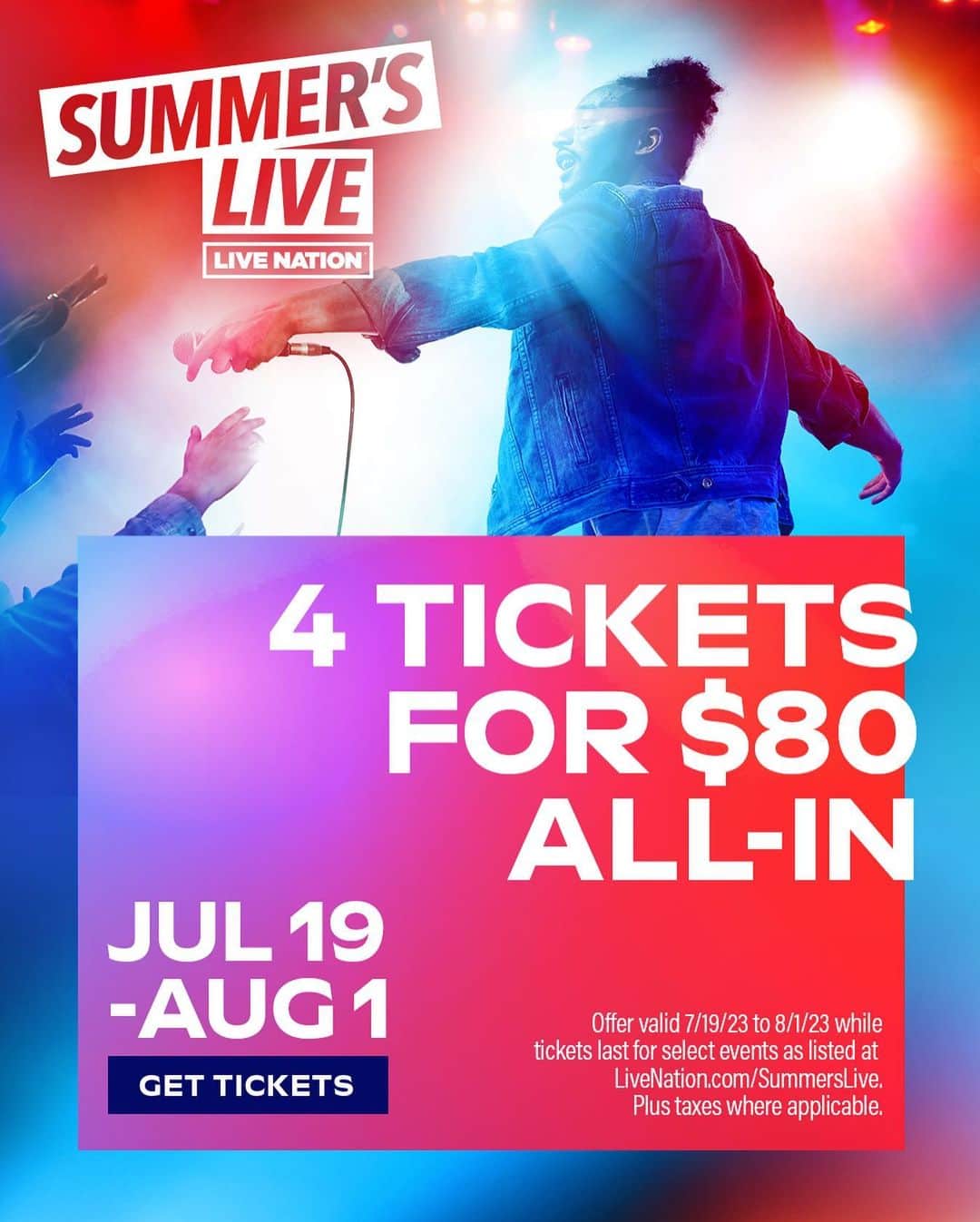 ペンタトニックスのインスタグラム：「FOUR TICKETS for $80!? 🤩 That's right!! Starting on July 19th through August 1st, you can get 4 tickets for $80 ALL-IN to select shows on #PTXTheWorldTour!! For more info, visit livenation.com/summerslive. #SummersLive」