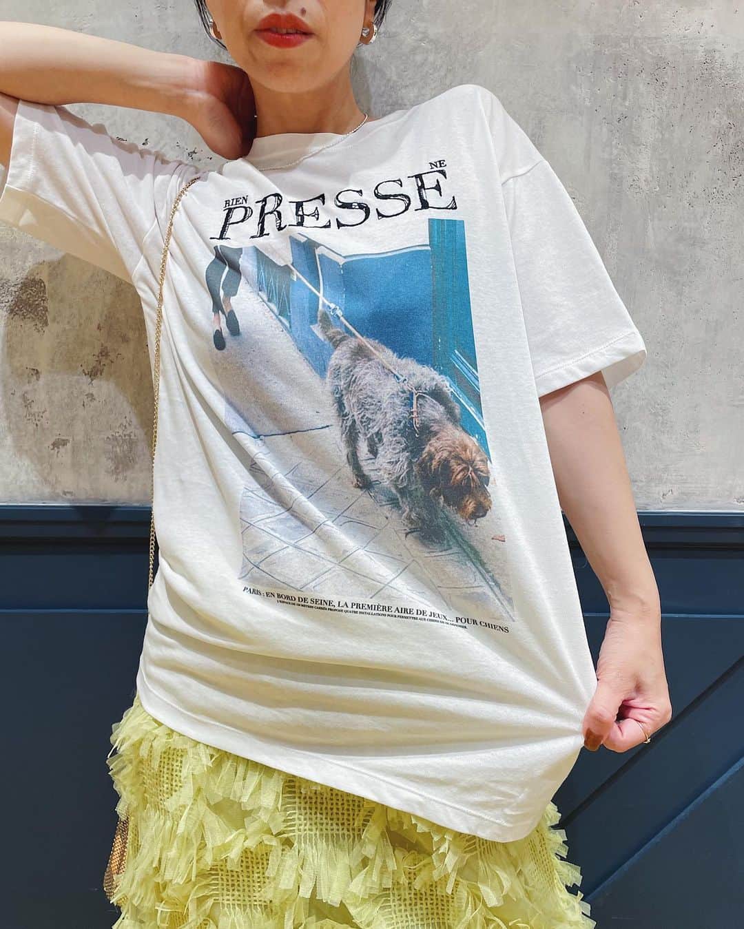 IÉNA LA BOUCLEさんのインスタグラム写真 - (IÉNA LA BOUCLEInstagram)「.  〈Paris dog tee〉  la boucleデザイナーが 実際にパリで出逢った犬の写真をTシャツに。  "RIEN NE PRESSE"は、"急がずに"という意味。 parisの街並みを、少し気怠そうに歩いているワンちゃんにあわせて、"ゆっくり散歩しようね"の思いを込めました。  ロゴは贅沢にも刺繍で🪡 大人がかっこよく着られる少しゆったりとしたシルエットでお作りしました。  tee ¥12,100 intax ※7/15 sat.〜shop,onlineにて発売  skirt 〈BAUM UND PFERDGARTEN〉 ¥46,200 intax  #parisdogtee#tee#dogtee#dog#ienalaboucle#iena#イエナ#イエナラブークル#ienalaboucle_23ss」7月12日 20時39分 - iena.la.boucle.store