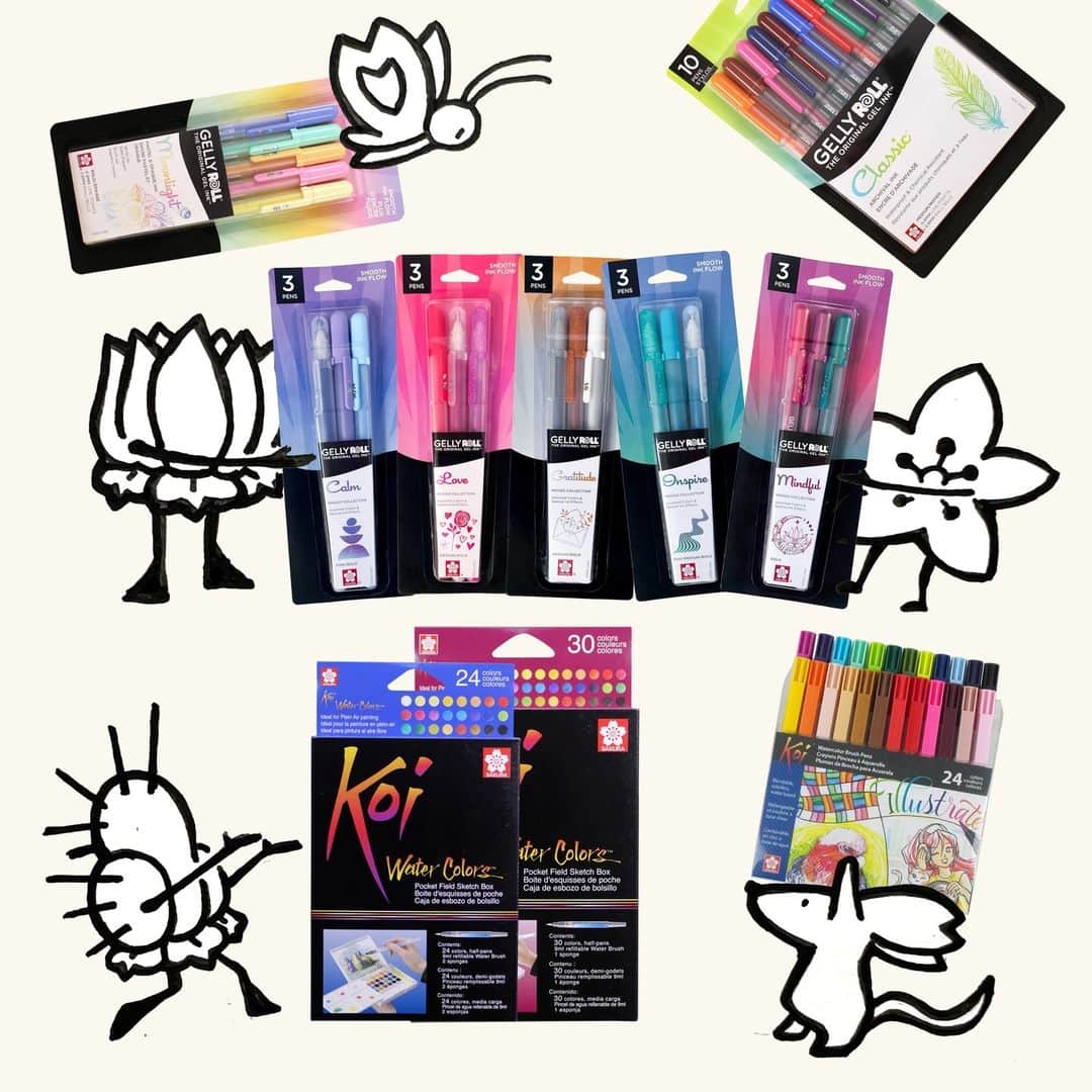 Sakura of America（サクラクレパス）のインスタグラム：「The kids are having so much fun at the art store today! The Pals have discovered the new Gelly Roll products, like Pastels and Moods, and are excited to try all the different types. And, we can't forget Koi! Which do you like?  If you want to join us, visit the link in bio!  - CB (Cherry Blossom)」