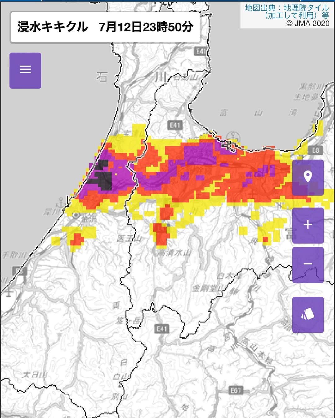 根本美緒さんのインスタグラム写真 - (根本美緒Instagram)「線状降水帯が発生し、金沢周辺で浸水被害が出ているようです。石川富山の皆様命を守る行動を‼️気象庁のキキクル並びに自治体の情報を入手し、夜中ですのでまずは垂直避難を。#気象情報 #気象庁 #キキクル 黒いところは被害が既に発生しているところという意味。警戒レベル5 #気象予報士」7月13日 0時13分 - nemotomio.official