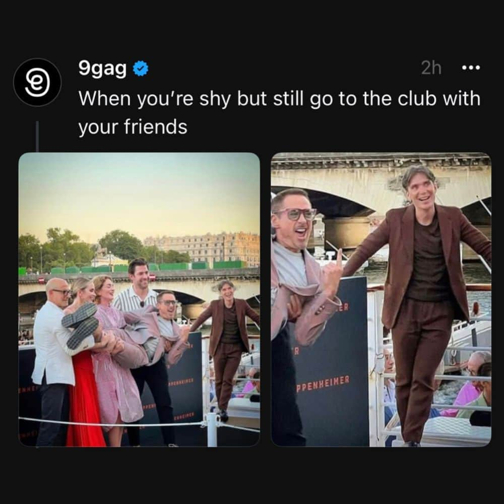 9GAGさんのインスタグラム写真 - (9GAGInstagram)「as long as I’m not the center of attention  - #oppenheimer #threads #cillianmurphy #rdj #introverts #parties #clubbing #memes #9gag」7月13日 2時01分 - 9gag