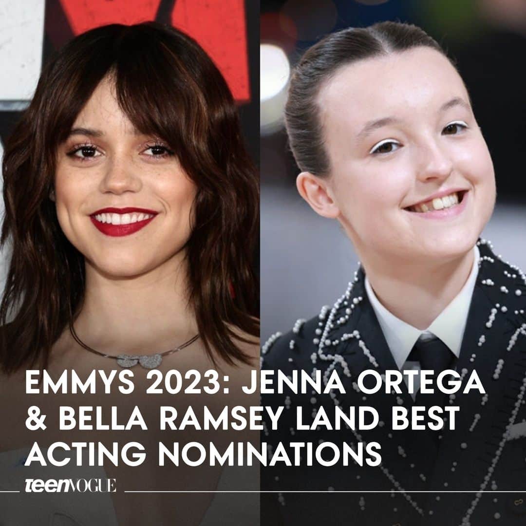 Teen Vogueのインスタグラム：「Congrats to #JennaOrtega and #BellaRamsey! 🥳 See the full list of #Emmy noms at the link in bio 🏆 #Emmys2023  (📸: Getty Images)」
