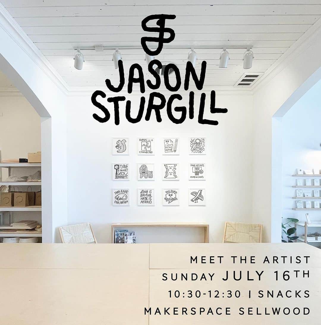 Jason G. Sturgillのインスタグラム：「We’re BEYOND thrilled to have the illustration work of our buddy, and fellow Sellwood Moreland resident @jgspdx in our space for the next few months — brand spanking new illustrations just for us ✨ Snag one while you can.  Join us for our little opening celebration this Sunday morning, the 16th from 10:30-12:30 — snacks and mimosas as alllllways 😘  1520 SE Bybee Blvd. Portland, OR  See you there!」