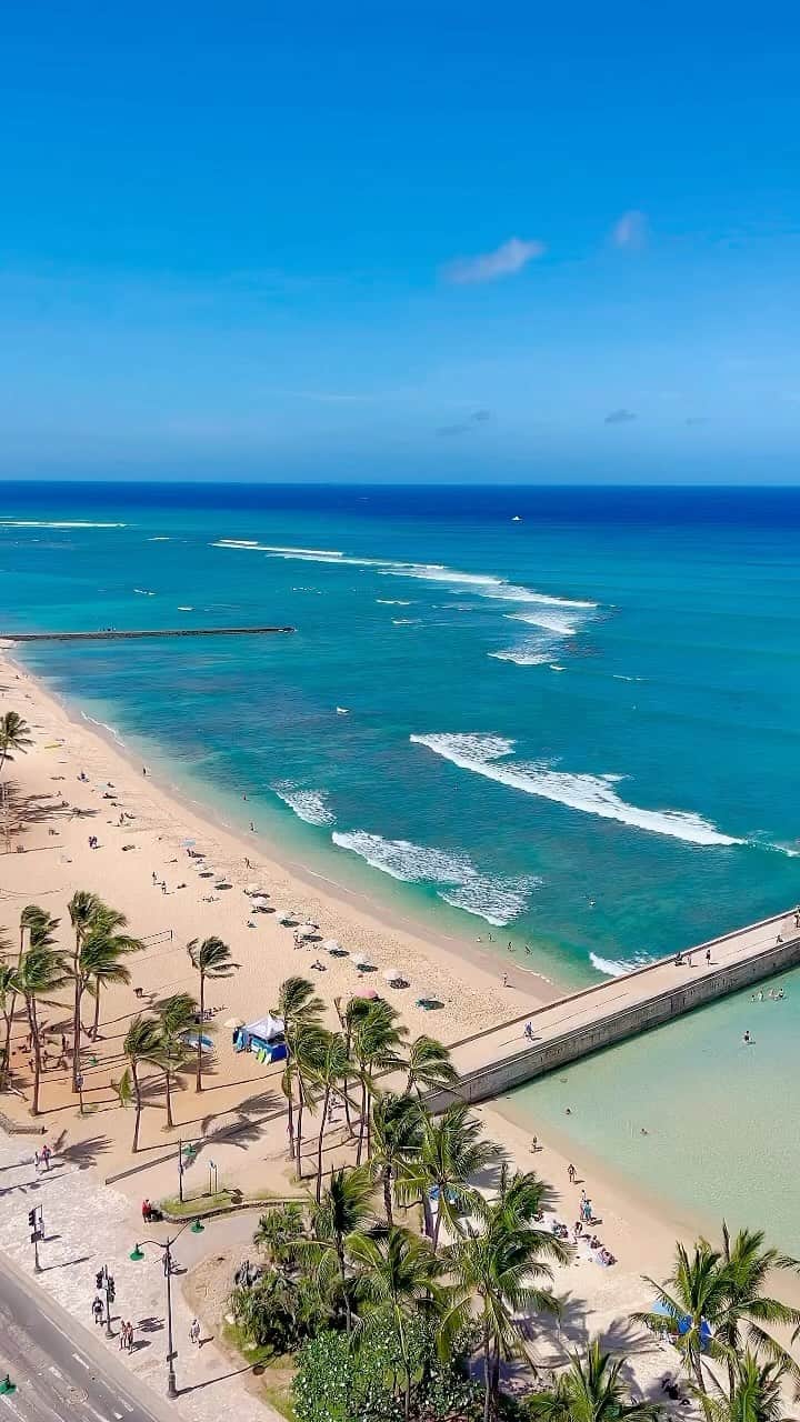 KAUKAU/カウカウハワイのインスタグラム：「青いワイキキビーチと空がのぞめる、ツインフィンホテルからの景色🏝️ こんな素敵な景色が見られるのはワイキキのビーチサイドのホテルの特権ですね😆🌺  #hawaii #waikiki #twinfinhostel #ハワイ #ワイキキ #ホテル #ツインフィンホテル #ワイキキビーチ」