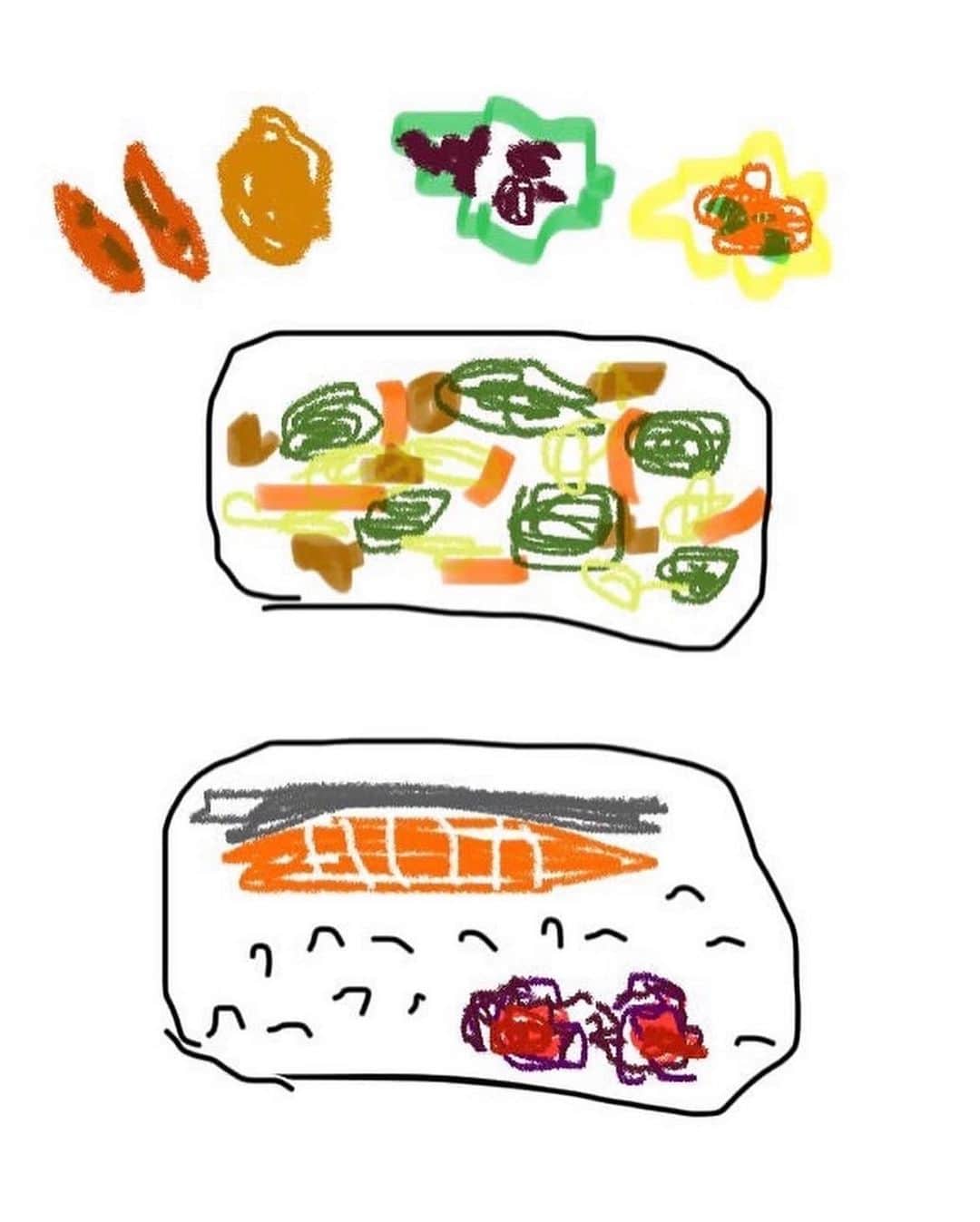 のインスタグラム：「#今日のお弁当  ちょっと多過ぎだよね🤣 真ん中の中華炒めを半分にしました🥹 その上にお惣菜を乗せちゃいます😋  鮭高かったなぁ😫 200円以上したよ😭 でもどうしても食べたくて買っちゃった😝💦  ご飯🍚 鮭🐟 かつお梅🐟🌸 ウィンナー🌭🌭 カレーコロッケ🥔 金時🫘 キムチ🥠 かぼちゃのサラダ🎃 🥬🥕🫑🍄ささみ🐓の🫚を効かせた中華炒め  #完全に一致」