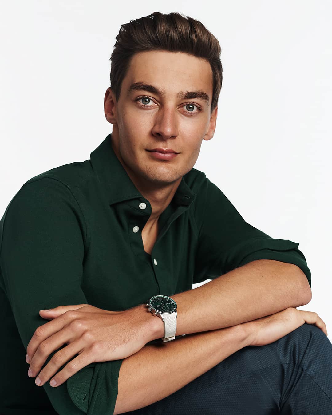 IWCのインスタグラム：「Brand ambassador @georgerussell63 wearing our Portugieser Chronograph green dial with a textured white rubber strap.   #IWCportugieser | #TheReference  🔗Link in Bio  Ref. IW371615 - Visit your IWC boutique or retailer to discover the variety of strap options available.」