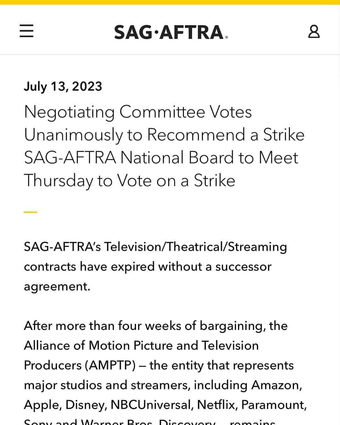 ジェイミー・チャンのインスタグラム：「I personally haven’t been receiving SAG AFTRA email updates, so to all my fellow union members check your inbox or go to the SAG AFTRA website and get yourself updated on what’s happening. Press conference today at noon. #unionstrong “If a strike is called, members will withhold their labor and not perform ANY SERVICES for struck companies. SAG-AFTRA members will then engage in collective actions such as picketing to put pressure on the AMPTP.”」