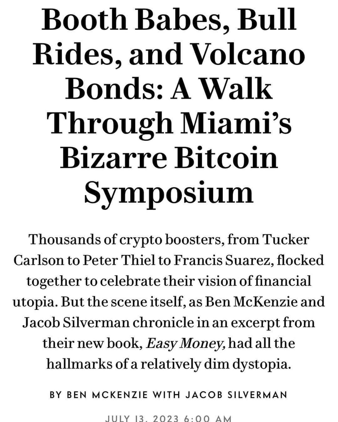 ベンジャミン・マッケンジーのインスタグラム：「Finally made it into @vanityfair by writing about…crypto. 🤷‍♂️ Check out an exclusive excerpt from “Easy Money” online now 😎」