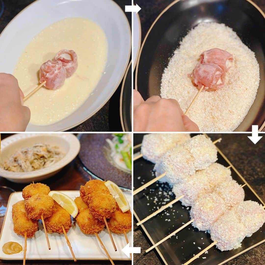 ゆうきさんのインスタグラム写真 - (ゆうきInstagram)「豚肉とうずらの卵の絶品コラボ😋 うずらの卵の肉巻き串揚げ！  豚肉で巻いたうずらのフライ、 ひとつひとつがしっかりとしていて 食べ応え十分！ ソースと和がらしをつけて、ビールが進みました🍺  ✏︎レシピ⬇︎ 〜うずらの卵の肉巻き串揚げ〜 【材料（6本分）】 ・豚ローススライス肉……6枚（200gほど） ・うずらの卵の水煮……12個 ・パン粉……適量 a.塩……少々 a.こしょう……少々 b.溶き卵……1/2個分 b.水……50cc b.薄力粉……大さじ3杯  【作り方】 1. 豚肉を縦半分に切り、全体に（a）をふり、うずらの卵を乗せて、巻いていく。  2. 同じものを12個作ったら2個ずつ串にさして6本作る。  3. 容器に（b）を入れて混ぜ合わせ、バッター液を作る。そこに2を付けて、パン粉を付けていく。  4. 170℃に熱した揚げ油に3を入れて揚げていく。両面2分ほどずつ揚げ、全体がきつね色になったら、取り出して油を切る。  #おうちごはん#晩ごはん#夜ご飯#夕食#献立#レシピ#簡単レシピ#おうち居酒屋#おつまみ#マカロニメイト#晩酌#フーディーテーブル#串揚げ#うずらの卵 #dinner#japanesefood#foodpic#yummy」7月13日 20時49分 - yuukitohikari