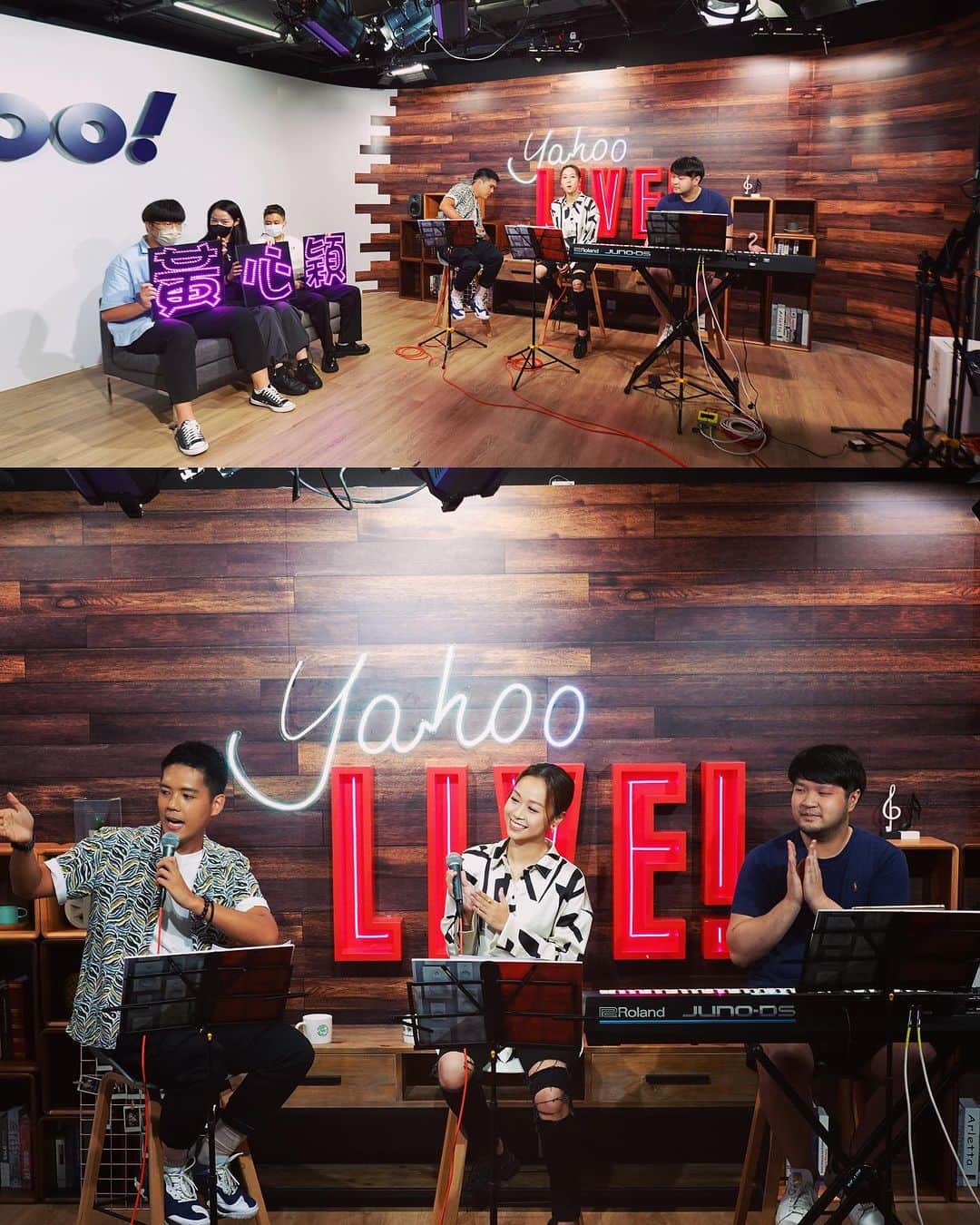 ジャクリーン・ウォンのインスタグラム：「多謝 《Yahoo Lunch K》的邀請。 對於唱live真係又愛又恨。緊張到成個禮拜個喉嚨總係好似想發病咁😅、好彩最後尚算合格。好多謝Neal 同Justin令到我無咁緊張, and were such a pleasure to perform with.🙏🏻 多謝send msg為我加油同埋到場支持的每一位!🫶🏻 Will now binge on ice cream and fried food…after harassing love love with picture-taking for a bit…😛✌🏻  （可去yahoo hk youtube 重溫）  Make up by @hermangmakeup  Hair by @steve_shek」