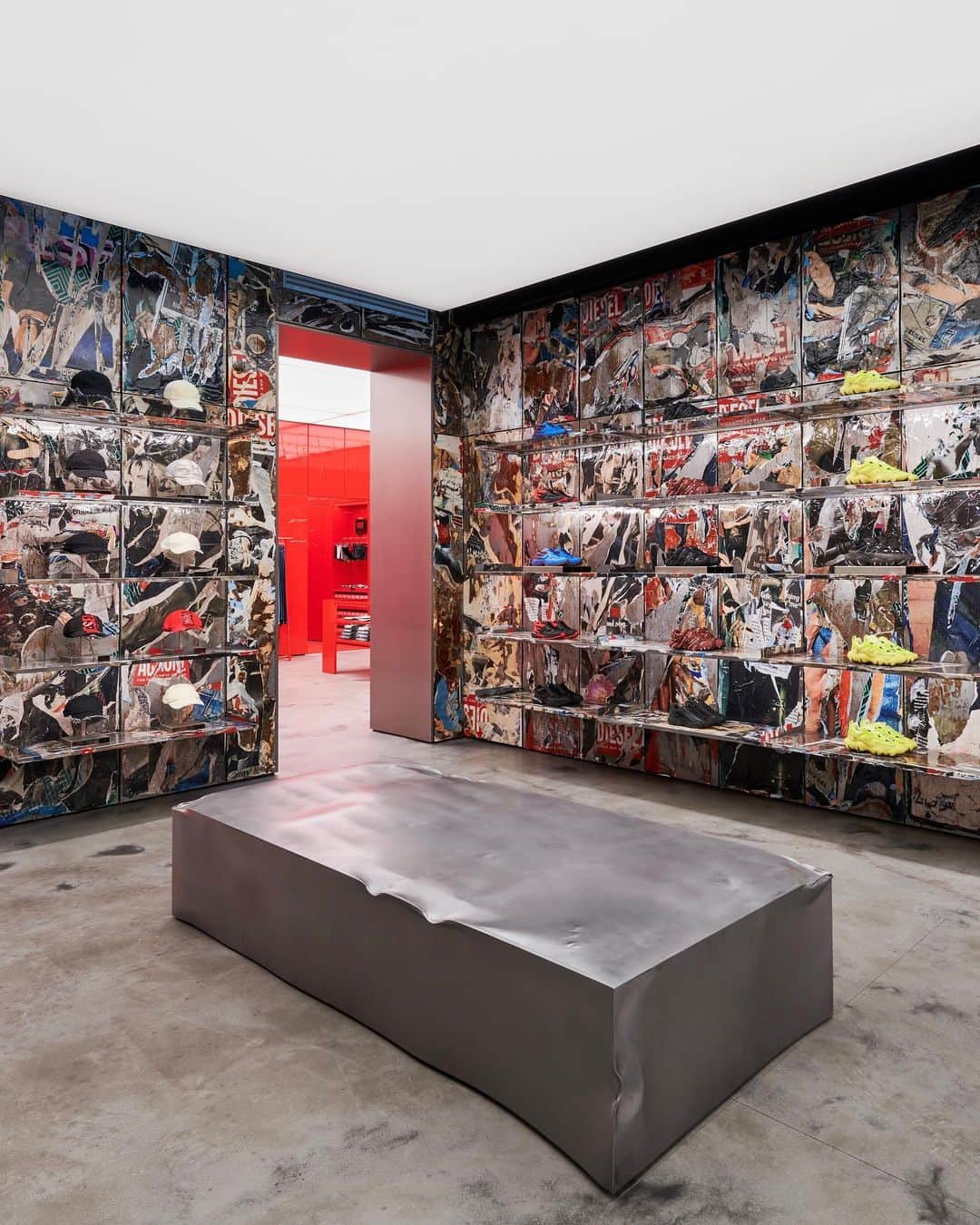 ディーゼルのインスタグラム：「223, Rue Saint Honoré, Paris.  Check out Diesel's newest store. The highest expression of Diesel’s vision and attitude under Creative Director @glennmartens, the space’s decorative anchor is inspired by billboards celebrating vintage Diesel advertisements, like those that ran along fabled American highways like Route 66. To bring the raw spirit of the road inside, the walls are covered in riveted raw steel panels, as if billboards had been broken down, repurposed and reversed.   The 1DR bags and capsules, including a collection exclusive to Rue Saint Honoré, are displayed in an immersive, Instagrammable room, where peel-off billboard walls give a haunting, multilayered aura of nostalgia and newness, echoing Glenn’s signature artisanal design motif that has recurred on his runways.  #ForSuccessfulLiving」