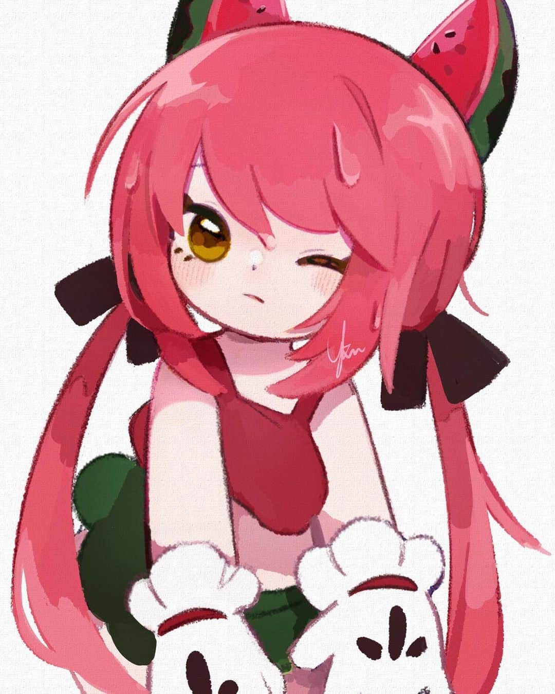 ユキノシュガーのインスタグラム：「#drawing#illustration#practice#red#girl#watermelon#green#twintail」
