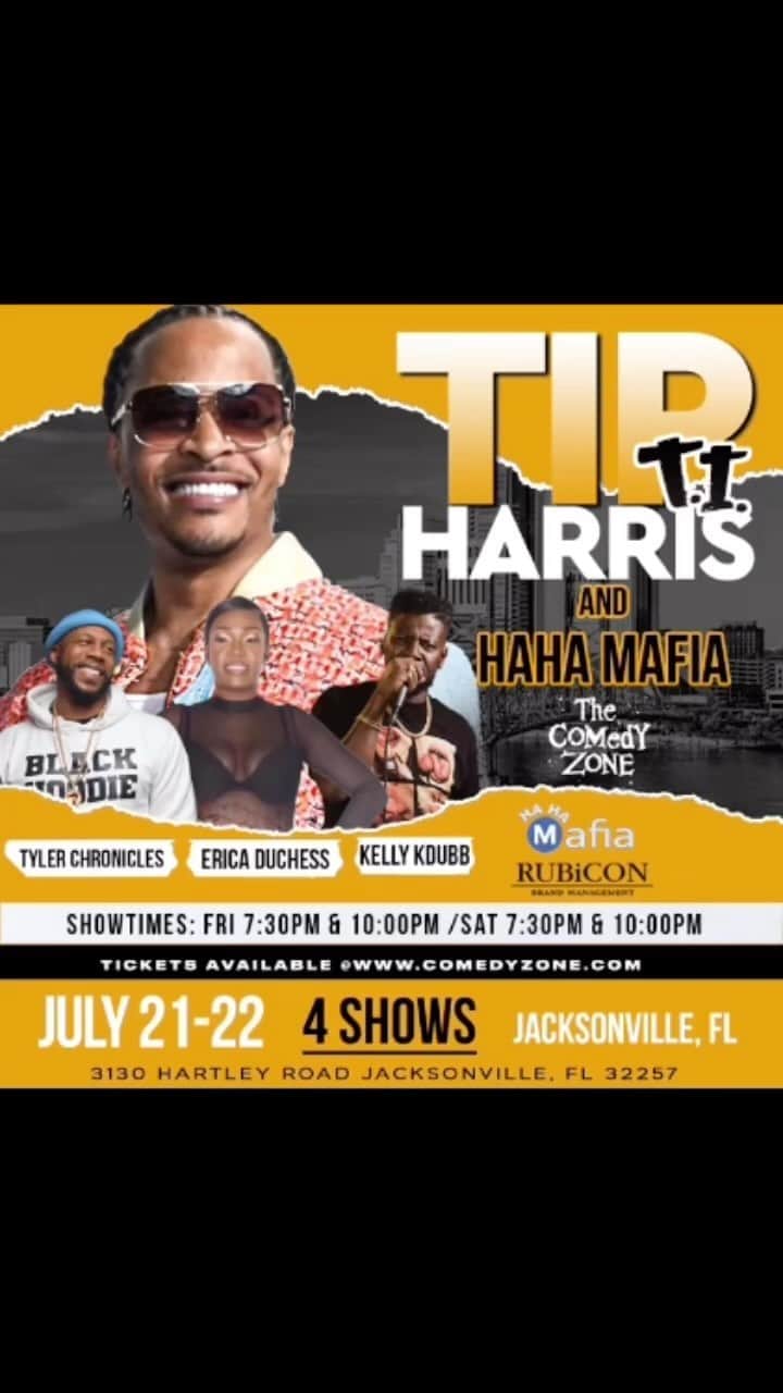 T.I.のインスタグラム：「Jacksonville @comedyzonejax WOTMFW‼️ @thehahamafia  @comediankdubb23 @tylerchronicles @ericaduchess  UDIGG‼️ HaHaⓂ️afia Bidness Better Get Ya MF'n Tix NOW‼️」