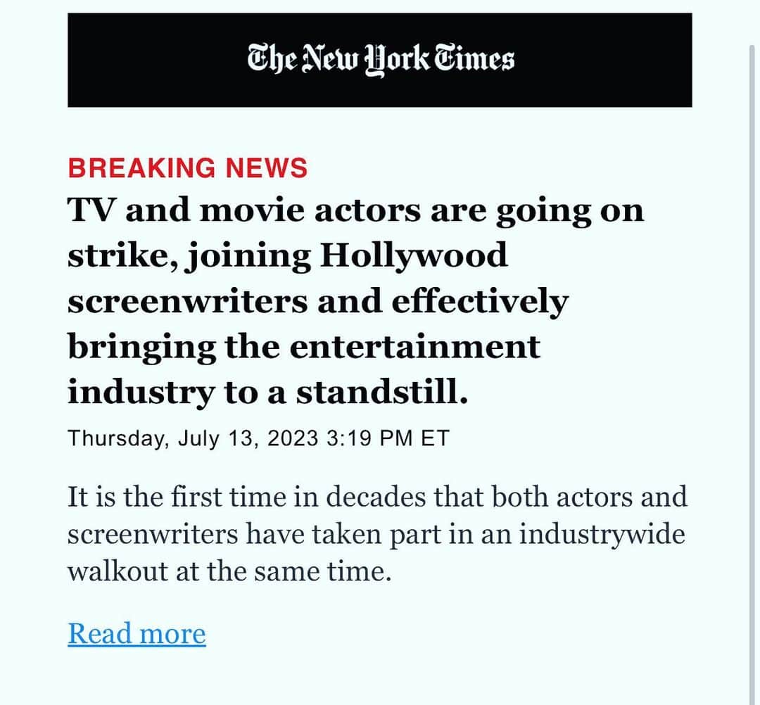 のインスタグラム：「I’m proud of our union @sagaftra and the continued fortitude of the @wgaeast @wgawest - and I’m looking forward to the AMPTP realizing that no amount of “leaked” threats will break our unions and that the ONLY thing to do is the right thing- making a fair deal. #unionstrong」
