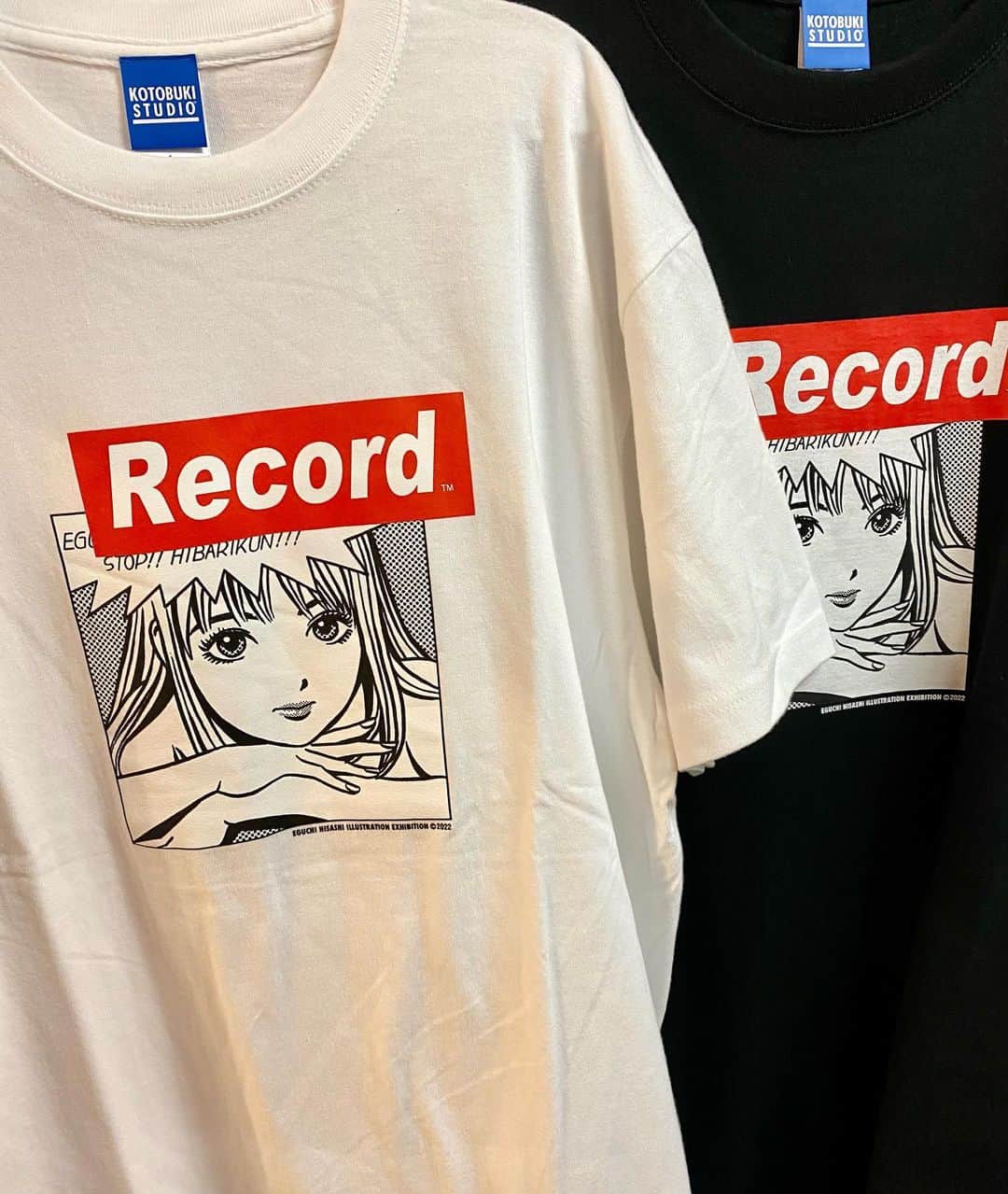 江口寿史のインスタグラム：「ボーダーガールTをはじめ、Tシャツもどんどん売り切れが出てますが、このRECORD Ｔの白と黒は明日15日にまた入荷(時間はまだ不確定)しますよ！」