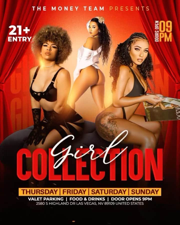 フロイド・メイウェザー・ジュニアのインスタグラム：「GIRL COLLECTION IS THE PLACE TO BE IN VEGAS ALL WEEKEND LONG  DOOR OPENS @ 9:00pm   •THURSDAY •FRIDAY •SATURDAY •SUNDAY  Must be 21 To Enter.  Ladies are welcome with or without male companion.  Come party at the best most luxurious venue in Las Vegas “Girl Collection”  GIRL COLLECTION 2580 S Highland Dr Las Vegas, NV 89109 1 -(844) 447-5758  #GirlCollection  @girl.collection_lv」