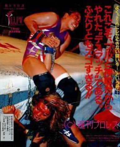 のインスタグラム：「On July 14, 1994, I had chain deathmatch with Shinobu Kandori at the Tokyo Gymnasium. good friend now Time flies. Spend your life with no regrets. #bullnakano #bullnakanoforwwehof」