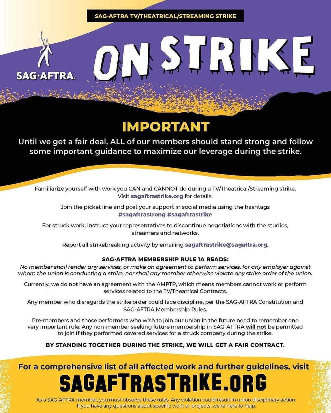 アリミ・バラードのインスタグラム：「✅✅ IMPORTANTE ✅✅  #ReShare w/ @sagaftra ⚠️Important #SAGAFTRAstrike information⚠️  #sagaftramembers, here's everything you need to know about the TV/Theatrical/Streaming Strike, including... 👉What you CAN'T work 👉What you CAN work 👉Network TV Code  Get more information at sagaftrastrike.org. #SAGAFTRAstrong」