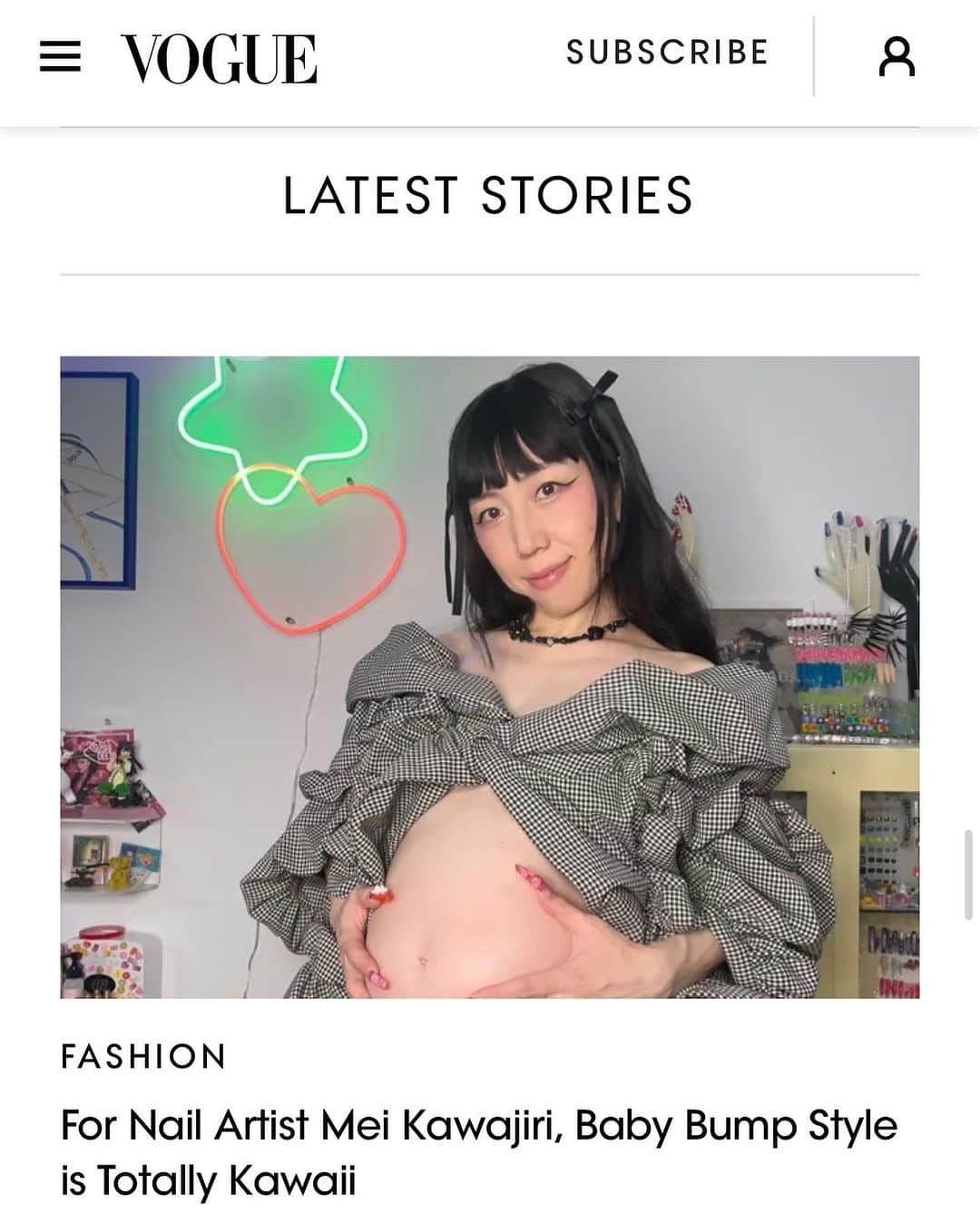 Mei Kawajiriのインスタグラム：「When our baby becomes bigger and I wanna show this article by @voguemagazine 🧸🎀🪞🪄🍒💕❤️💌💋 Thank you 🙏 so much for this amazing opportunity 🍦🩵   Vogue に、めいの妊娠スタイルが特集されました🍒💌🙏🥰やったー🩷🩷」