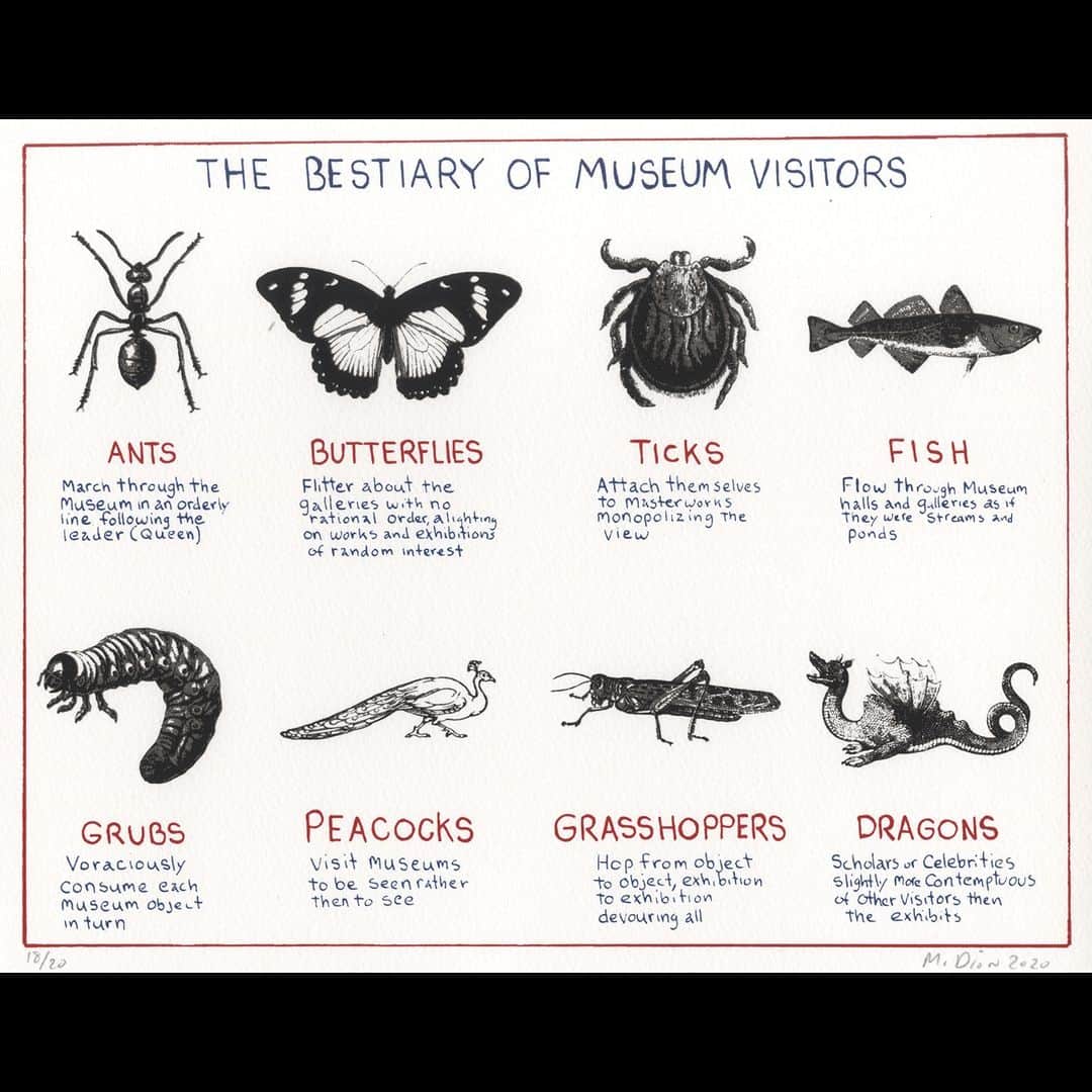 大英博物館のインスタグラム：「Which of these cultured creepy crawlies describes you best? 🐞🐛🐜  🕷 Know someone who ‘tick’-s any of these beasty boxes? Tag them in the comments below 👇  This witty work was created by Mark Dion, an artist who has explored museum practices throughout his career, often through conceptual installations.  In these prints, he uses the language of museums, including object classification, to highlight challenges facing museums and satirise their culture, from questions over what to collect to the behaviour of museum visitors.  You can see more of Dion’s work alongside more than 100 other works on paper that recently joined the Museum’s collection in our latest free display.  The exhibition features work by some of the best artists working today and highlights the important place contemporary art has within the Museum.  🖼 New acquisitions: Paul Bril to Wendy Red Star is on display in Room 90 if the Museum until 10 September. Find out more and plan your visit via the link in our bio.  🔎 Mark Dion (b. 1961), ‘The Bestiary of Museum Visitors’. Colour screenprint on paper, 2020. Reproduced by permission of the artist.   #BritishMuseum #MarkDion」