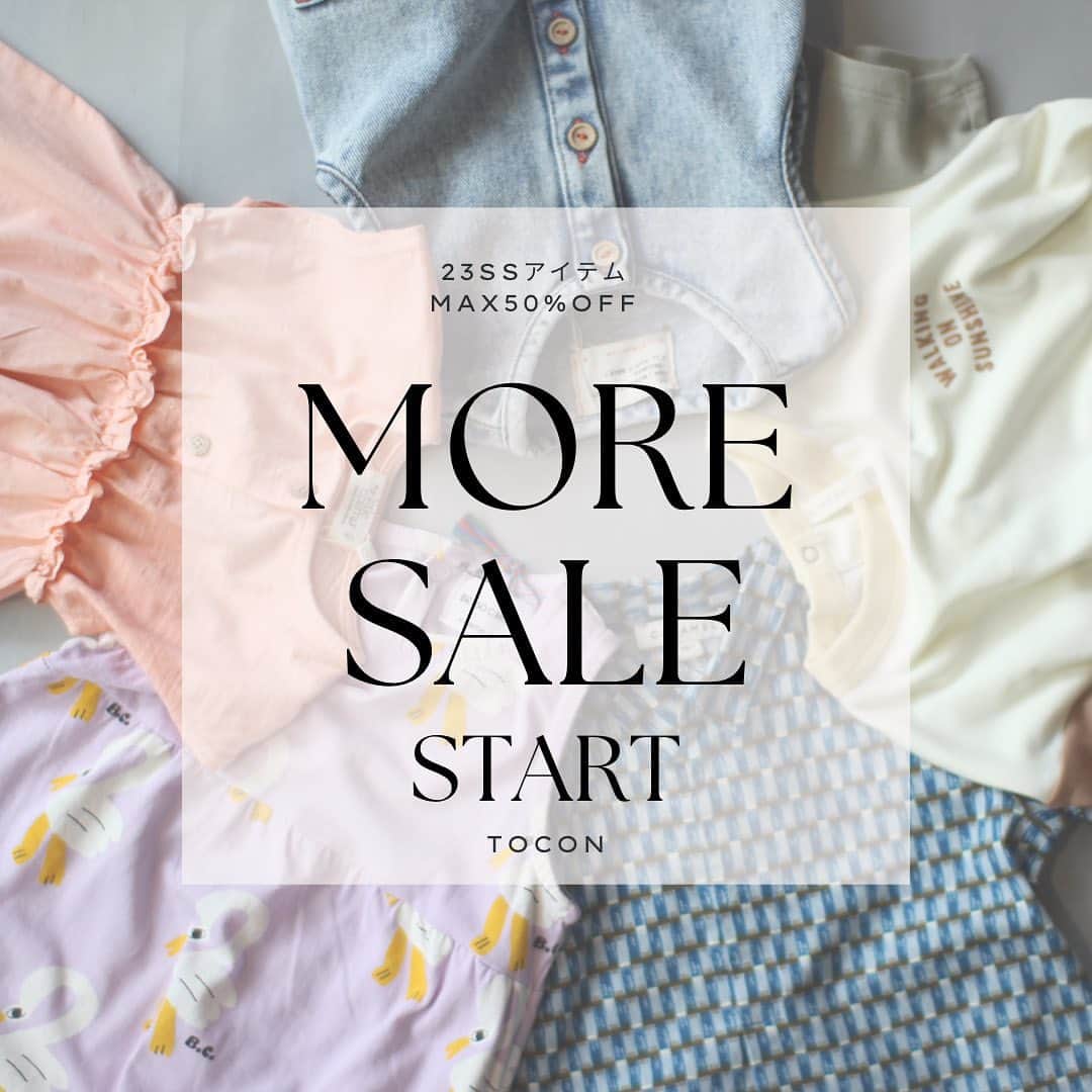 tocon (トコン) のインスタグラム：「23SSアイテム MORESALEスタート🔥  これからの季節に大活躍の23SSアイテムが最大50％OFF、 昨年のアイテムは60％OFFのものも✨✨ 大変お買い求めやすくなっておりますので、ぜひチェックしてみてくださいね💓  三連休初日の明日は11:00～19:00OPEN🚩 皆様のご来店お待ちしております🐶🌟」