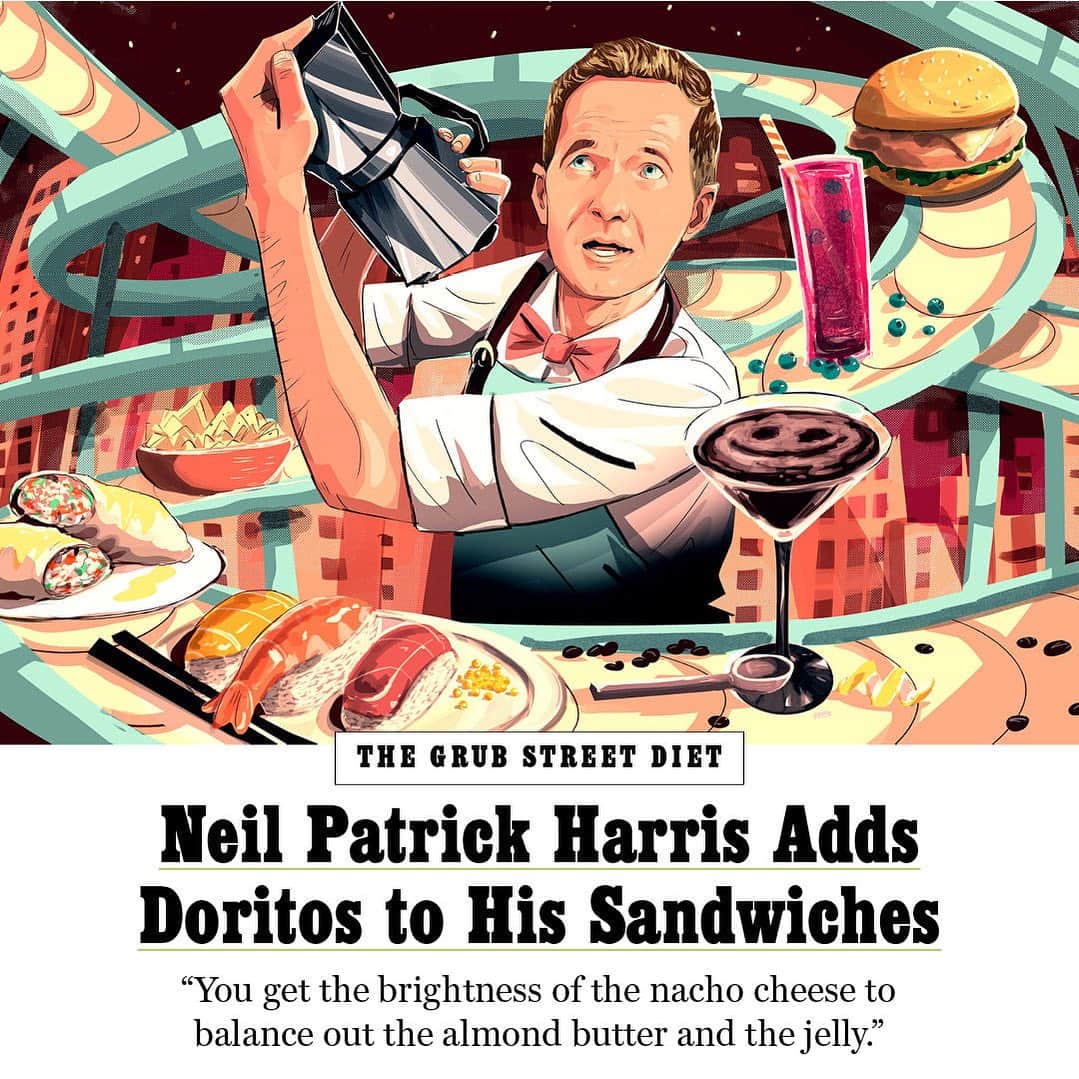 ニール・パトリック・ハリスのインスタグラム：「Neil Patrick Harris (@nph) has never had trouble sleeping. “I fall asleep within a couple of minutes regardless of the situation, the location, or caffeine intake,” he says. That skill has been helpful this week as he’s trying to reacclimate to New York time after a few weeks traveling through Japan. He’s also launched a line of espresso martinis with @thomasashbourne that’s become his go-to drink before a Broadway show. “My drink of choice for pre-theater is usually some sort of tequila drink, because it’s the only hooch that has a natural upper effect,” he says. “But given that my espresso martini has actual espresso in it, I’ve pivoted to that.”  Head to the link in our bio to read Neil Patrick Harris's caffeinated #GrubStreetDiet.  Illustration: @ryan_inzana」