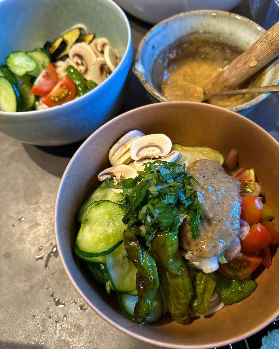 忍舞のインスタグラム：「ほーーんと暑い日って米粒より麺が食べたくなる。 けど、小麦は美味しいけど 下腹部が疲れてしまうから 初めて食べて見たひえ麺。  畑でとれた茄子とししとうとピーマンを素揚げして 畑で採れたきゅうりを塩揉み 畑で採れたミニトマトのせて 生マッシュルームと私は薬味もりもりで  ごまとタヒニ、めんつゆ、味醂、醤油麹、胡麻油をすりこぎで混ぜて かけるだけ〜〜〜  わたしは食べる前にラー油もたらりと🩷  おいしー！  息子も美味しいって全て食べてくれたぜい。 茄子は調理法で食べたり食べなかったりだけど、初めて素揚げしたら たべたね✨  よし。夏のレパートリー増えた。  #夏野菜 #グルテンフリー麺 #ひえ麺 #ヴィーガン麺 #夏の麺 #素揚げ野菜 #4歳夜ご飯」