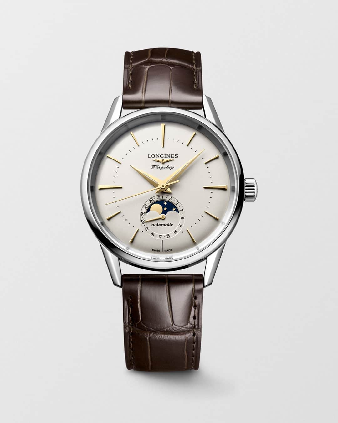 のインスタグラム：「Longines extends its FLAGSHIP HERITAGE line with three new 38.5 mm versions, each equipped with a moon-phase complication.  #EleganceisanAttitude #FlagshipHeritage #LonginesHeritage」