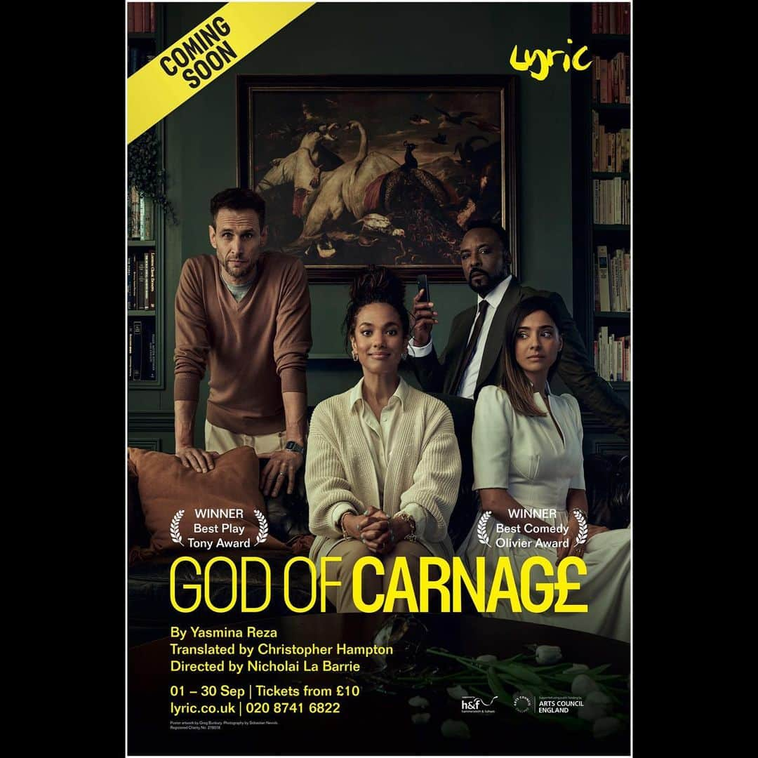 フリーマ・アジェマンのインスタグラム：「There’s a storm comin’…🥀  First look poster! 🎭  Excited to be playing with Ariyon Bakare, Dinita Gohil and Martin Hutson in Yasmina Reza's #Olivier and #TonyAward winning comedy ‘God of Carnage’ @lyrichammersmith   Directed by @nicholailabarrie  This September!  Tickets start from £10 ~ link in bio  #GodOfCarnageLyric #CARNAGEISCOMING #Letthegamesbegin」