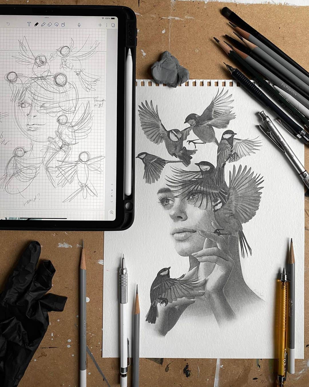 のインスタグラム：「Let go🕊️  Pencil and graphite powder on @strathmoreart watercolor paper / Sketch on @notabilityapp」