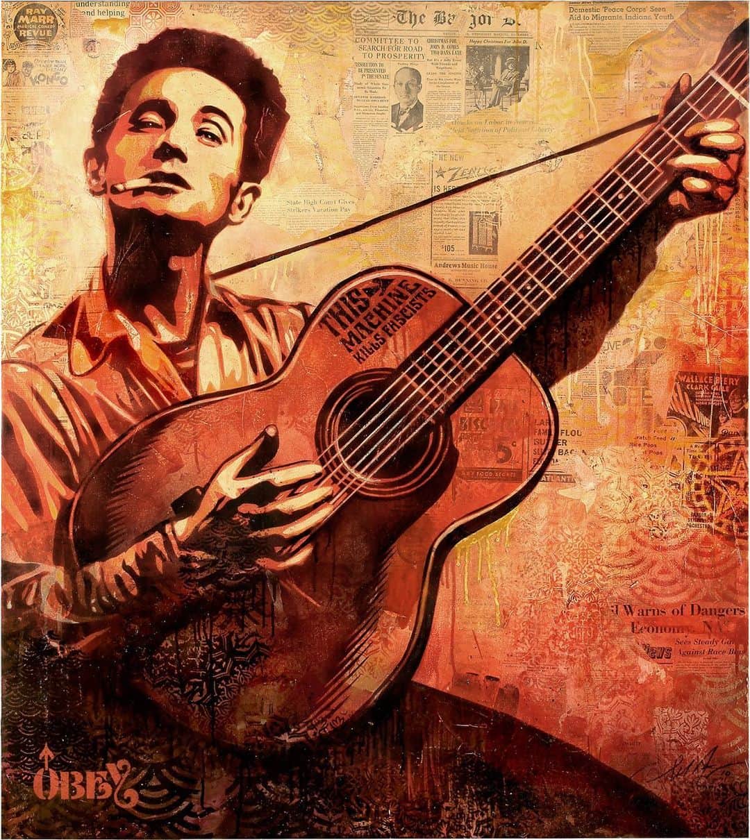 Shepard Faireyさんのインスタグラム写真 - (Shepard FaireyInstagram)「Today is Woody Guthrie’s birthday who was born in Okemah, Oklahoma on this day in 1912! This piece was created in 2010 as homage to Woody, his music, and activism. Woody Guthrie was a champion of the the least powerful people in society and pointed out class inequality and abuse of power. Some people called Guthrie “socialist,” I call him compassionate. Guthrie was also a big influence for other musical icons like Bob Dylan and my personal hero, Joe Strummer, who called himself “Woody” prior to joining the Clash.⁠ –Shepard⁠ ⁠ From the Archives, 2010⁠ Art based on photograph by Sid Grossman  #WoodyGuthrie #SidGrossman #ObeyGiant」7月15日 1時20分 - obeygiant