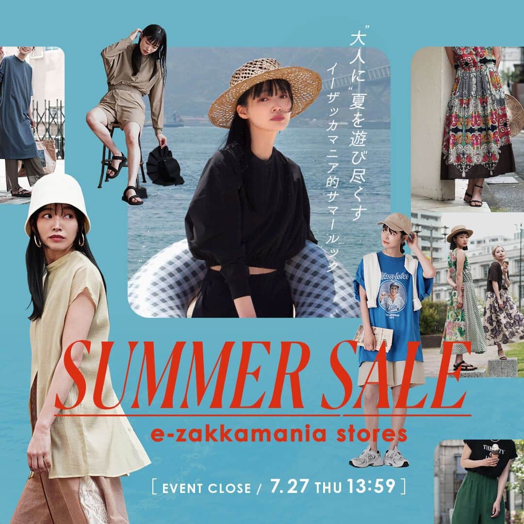 イーザッカマニアストアーズのインスタグラム：「𝗡𝗘𝗪𝗦📣 ˎˊ˗ . イーザッカマニアストアーズ SUMMER🍧SALE開催中～ . 「大人に」夏を遊び尽くす イーザッカマニア的サマールック . 夏に嬉しい機能性アイテムから 華やかさをプラスするインドコットンシリーズまで🌺 .  . 7/27(木) 13:59まで‼ ▼会場はこちら https://e-zakkamania.com/」