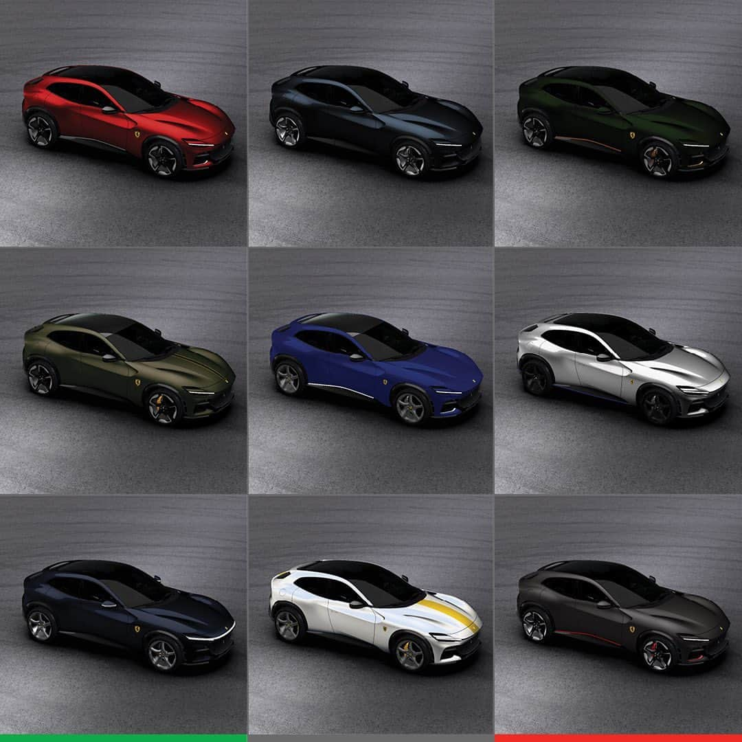 Ferrari USAさんのインスタグラム写真 - (Ferrari USAInstagram)「How would you customize your Ferrari Purosangue? Atelier Ferrari is a special studio for creating a bespoke Ferrari, guided by a team of creative experts. Here are nine #FerrariPurosangue creations from the Atelier team at Ferrari New York.⁣⁣  ⁣⁣ Vote in the comments below for your favorite exterior customizations.⁣⁣  ⁣⁣ #FerrariFriday #Details #Ferrari⁣⁣  ⁣⁣ 1. ROSSO MARANELLO; LIVERY: ARGENTO NURBURGRING⁣⁣ ⁣ 2. BLACK SAPPHIRE⁣⁣ ⁣ 3. VERDE ZELTWEG; LIVERY: DARK AMBER⁣⁣ ⁣ 4. VERDE MASONI OPACO; LIVERY: NERO DS 1250 OPACO, GIALLO MODENA OPACO⁣⁣ ⁣ 5. BLU RAL; LIVERY: BIANCO KING⁣⁣ ⁣ 6. ARGENTO NURBURGRING; LIVERY: BLU ELETTRICO⁣⁣ ⁣ 7. NIGHT BLU MILLE MIGLIA; LIVERY: BIANCO MILLE MIGILIA⁣⁣ ⁣ 8. BIANCO BIRDCAGE OPACO; LIVERY: GIALLO MODENA OPACO⁣⁣ ⁣ 9. GRIGIO SUPERFAST OPACO; LIVERY: ROSSO CORSA OPACO」7月15日 3時52分 - ferrariusa