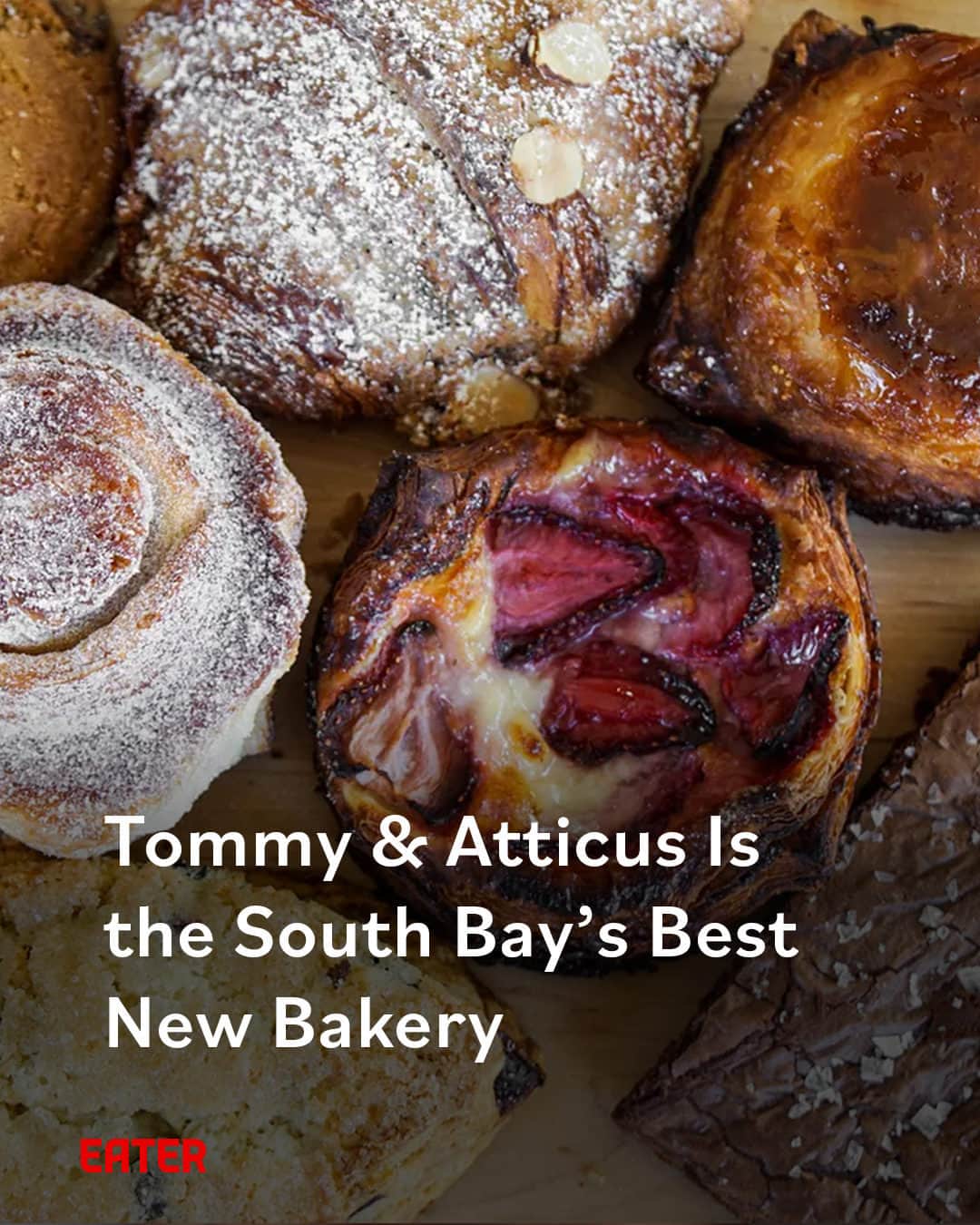 Eater LAのインスタグラム：「The day before its grand opening on July 13, Garrett McPerry shapes sourdough loaves with his head baker while his wife and partner Lauren Rosen coaches front-of-house staff on customer service. The lines are already stacking at Tommy & Atticus (@tommyandatticus), McPerry and Rosen’s yearslong journey to opening a full-fledged bakery in the South Bay, and the early results are already spectacular. Local dog walkers, curious passersby, and family friends are stoked with McPerry’s pastry case, chock-full of seasonal stone fruit and berry galettes, buttery croissants, crumbly cookies, and sugary kouign amann.  Click on the link in bio to read the opening of one of LA's best new bakeries, written by Eater LA lead editor Matthew Kang (@mattatouille).  📸: @mattatouille」