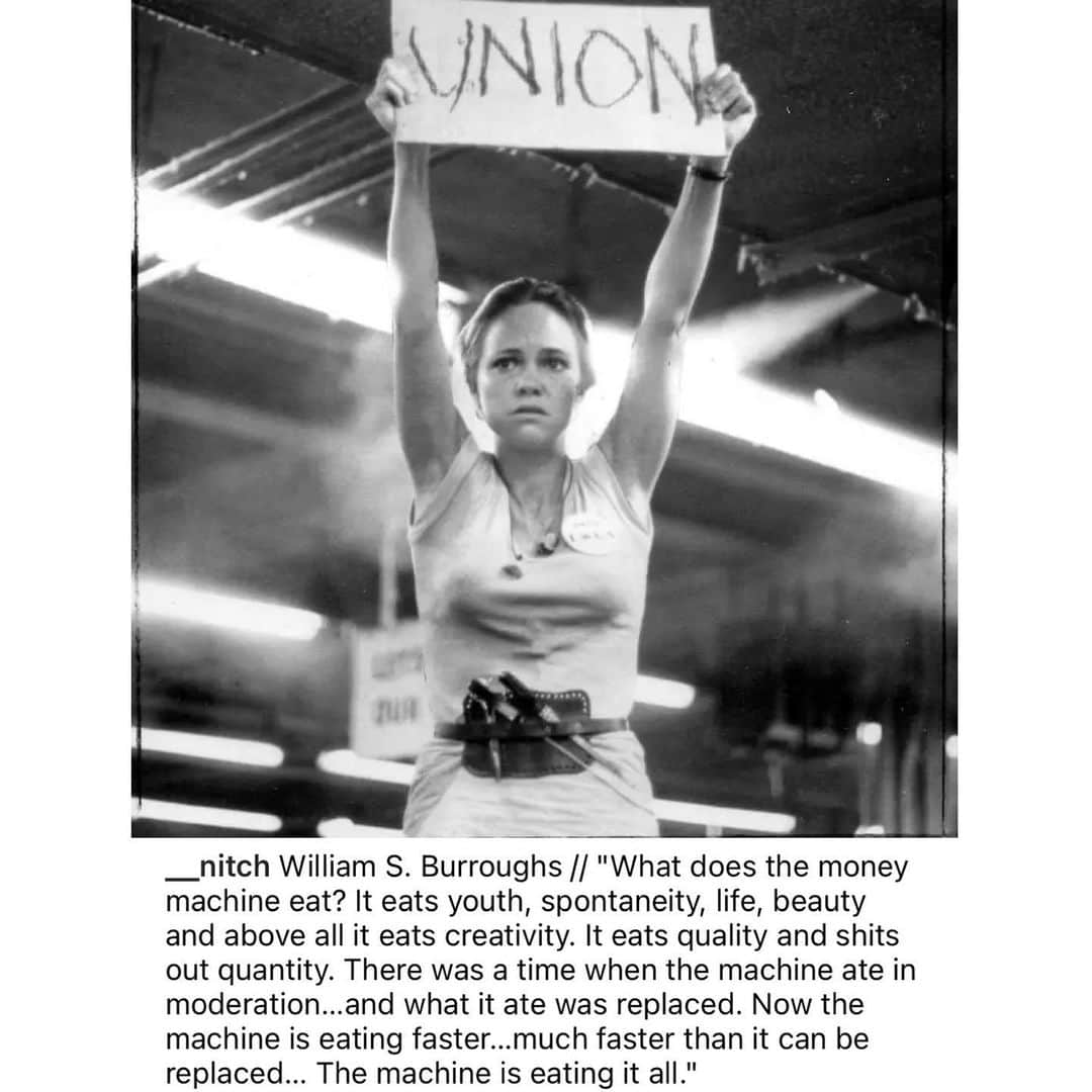 ナタリア・コルドバ・バックリーのインスタグラム：「Strike.  Do you feed the machine that eats creativity?  "What does the money machine eat? It eats youth, spontaneity, life, beauty and above all it eats creativity. It eats quality and shits out quantity. There was a time when the machine ate in moderation….and what it ate was replaced. Now the machine is eating faster..much faster than it can be replaced... The machine is eating it all." ~ William S. Burroughs」