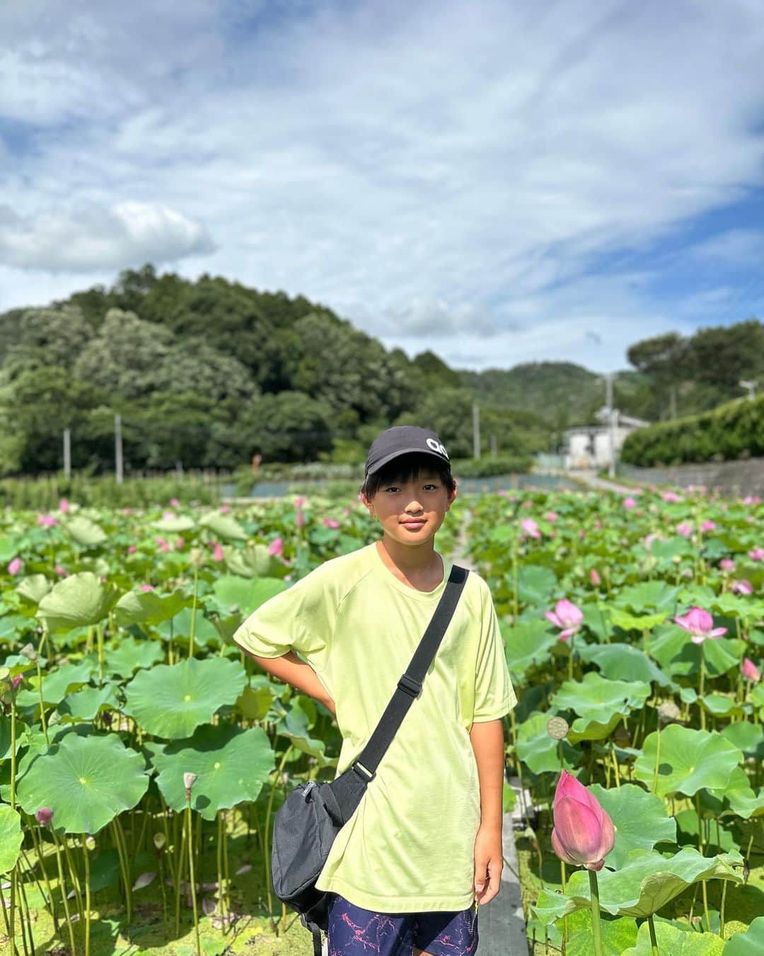 山内智恵のインスタグラム：「むねくん👦 生まれて初めての蓮の花🪷  #蓮の花　#ヤマサ蒲鉾  #ヤマサ蓮の花2023  #姫路観光  @yamasanpo_official  @yamasa_kamaboko   蓮の花は 7月が見ごろらしく 姫路なら絶対ココへと 教えてもらいさっそく きました❤️  早朝が開花してて 午後は閉じてるとウワサに きいてましたが ほんとだねぇ💦  早朝この景色眺めてみたいな❤️ 🐥 🐥 🐥 ママのプライベート アカウント @chieyamauchi   #山内智恵#mama #子育て」