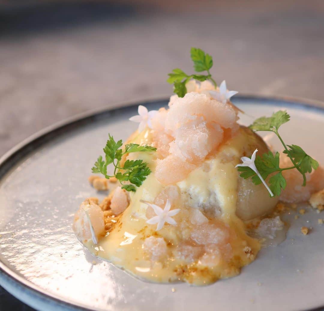 800DEGREES JAPANのインスタグラム：「* 800°DEGREES ARTISAN PIZZERIA  Our new dessert! 『Peach brulee compoted with Kanagawa white beer』  This dish is served with peach granite!  Click link to see full menu!  #800degreesjapan」