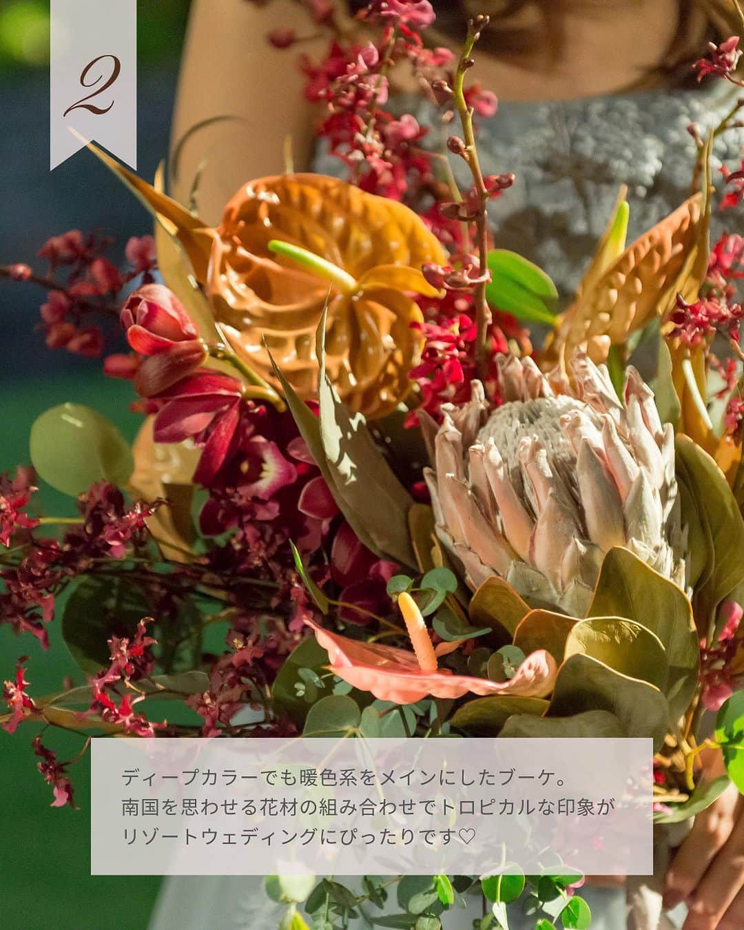 Dresses (ドレッシーズ)さんのインスタグラム写真 - (Dresses (ドレッシーズ)Instagram)「←その他の投稿はこちらから  Dresses Album  今回は、Dresses花嫁のブーケをご紹介✨  ディープカラーのブーケは ぱっと目を惹くものが多いですよね♡  色味の組み合わせ次第で印象もがらりと変わります！  写真にも残るアイテムだからこそ こだわりたいポイント。  打ち合わせまでにある程度イメージが固まっていると スムーズですよ♪  保存しておいて、打ち合わせにお役立てください✨  ___________________  Dressesブライダルカウンター  　　結婚準備に関わる ＼お役立ち情報を発信中／  ”ドレスと結婚式費用がおトクになる” ブライダルカウンターがお届けする 結婚準備情報メディアアカウント🕊  こんなあなたにオススメです💫  ✔︎結婚が決まりこれから準備を始める ✔︎楽しく結婚準備をすすめたい ✔︎おふたりらしい結婚式を叶えたい  お問合せ・ご来館予約は プロフィールの「連絡する」より 受け付けております💒  ▼その他のお役立ち情報はこちらから @dresses_weddings  ___________________ #ウェディングブーケ #カラーブーケ #ドレス選び #ドレッシーズブライダルカウンター #ドレッシーズ #ブライダルカウンター #結婚式場探し #式場探し #結婚式場見学 #式場見学 #結婚式場選び #式場選び #結婚準備 #結婚準備中 #式場紹介 #結婚式場紹介 #式場紹介 #結婚式準備レポ #結婚式準備レポ #福岡花嫁 #関西花嫁 #広島花嫁 #熊本花嫁 #鹿児島花嫁」7月15日 21時58分 - dresses_weddings