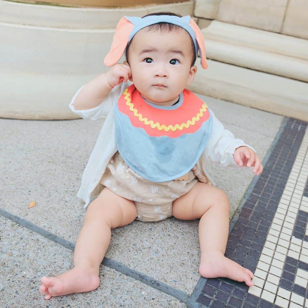 筒井萌子のインスタグラム：「*  　ダンボさん🐘 　スタイが濡れてるのはヨダレではなく 　お水をびゅ〜と出すのにハマってるから🤣  　┈┈┈┈┈┈┈ ❁ ❁ ❁ ┈┈┈┈┈┈┈┈  　#サイベックス #サイベックスメリオ #baby 　#プレママ #出産準備 #生後3ヶ月 #両親学級　 　#プレママ教室 #baby #令和4年ベビー　 　#第一子 #秋生まれベビー #9月生まれ 　#育児日記 #子育て日記 #令和4年ベビー　 　#出産準備 #出産祝い #親子モデル #赤ちゃんモデル 　#ニューボーンフォト #newbornphotography  　#お食い初め #生後100日 #女の子ベビー 　#離乳食 #離乳食準備 #離乳食準備グッズ 　#お宮参り #お宮参りコーデ #お宮参りフォト 　#ママモデル #mamamodel」