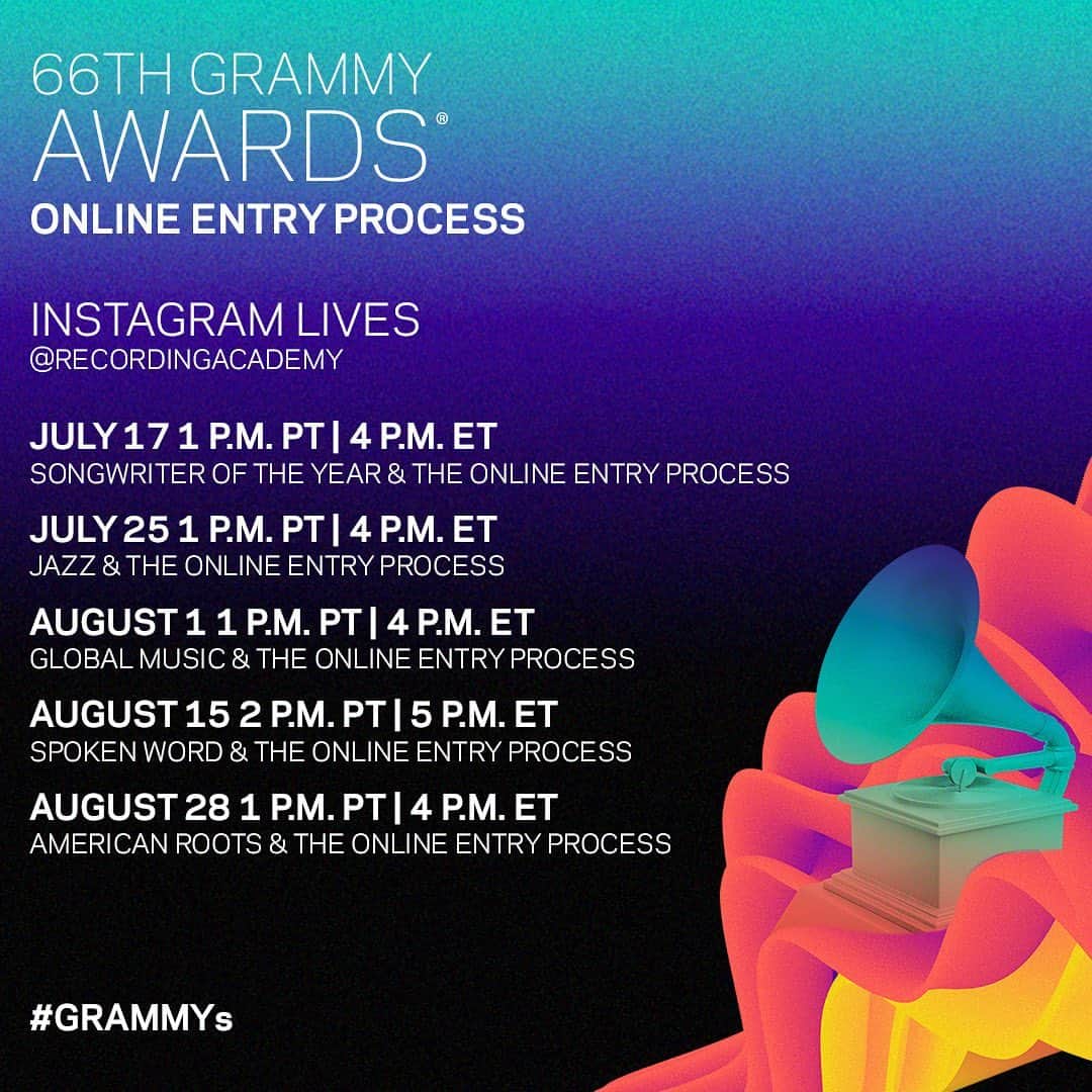 The GRAMMYsさんのインスタグラム写真 - (The GRAMMYsInstagram)「✨ The Online Entry Process marks the beginning of the #GRAMMYs Awards process! To provide members and eligible creators general education on the OEP, the #RecordingAcademy will host a series of Instagram Live conversations with our voting members from different genres and backgrounds. 📆 Mark your calendars!   🎶 July 17 at 1 p.m. PT | 4 p.m. ET - Songwriter of the Year & The Online Entry Process  🎶 July 25 at 1 p.m. PT | 4 p.m. ET - Jazz & The Online Entry Process  🎶 August 1 at 1 p.m. PT | 4 p.m. ET - Global Music & The Online Entry Process  🎶 August 15 at 2 p.m. PT | 5 p.m. ET - Spoken Word & The Online Entry Process  🎶 August 28 at 1 p.m. PT | 4 p.m. ET - American Roots & The Online Entry Process」7月16日 1時26分 - recordingacademy