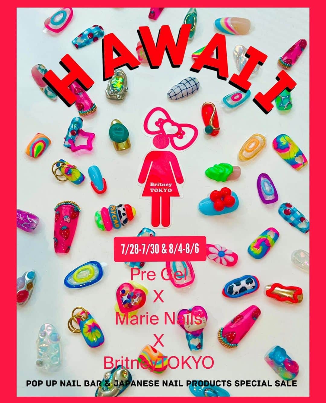 Britney TOKYOのインスタグラム：「Hawaii 7/28-7/30 & 8/4-8/6💅🏼🌺  I'm going to do a pop up nail art bar for the first time in a while! I’ll use Japanese #1 nail brand @pregel.jp products this time!Please DM me for your nail appointments🫶  And we have another good news! Pre gel will begin full-scale sales in the United States. Please follow @pregelusa ⬅️💖 We will sell pregel at a special price at the pop-up event in Hawaii 7/26-7/30,8/4-8/6 . feel free to stop by @marienails_hawaii  第2の故郷ハワイでネイル💅🏼予約受付します💖🌺空き状況とか予約詳細はDMしてね🎵今回は @pregelusa アメリカ🇺🇸祝進出を記念してスペシャルプライスでジェル販売もするみたい👍ハワイのネイリストさん是非say hisしにきてね🧸💕」