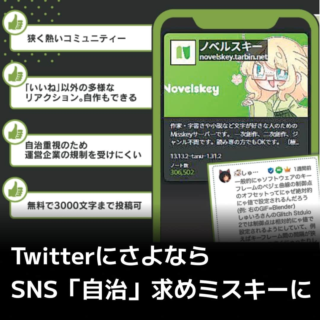 日本経済新聞社さんのインスタグラム写真 - (日本経済新聞社Instagram)「さよならツイッター――。7月2日、イーロン・マスク氏が投稿閲覧数に制限をかけたと発表すると、混乱に愛想を尽かした利用者の「移民」が加速しました。行き先は多数の個人が運営する「分散型」のSNSです。運営企業に振り回されない自治コミュニティーが魅力。米メタも「スレッズ」の提供を始め、ツイッター1強だった短文投稿サービスに地殻変動が起きています。⁠ ⁠ 詳細はプロフィールのlinkin.bio/nikkeiをタップ⁠ 投稿一覧からコンテンツをご覧になれます。⁠ ⁠ #日経電子版 #Misskey #ミスキー #Twitter #Threads #スレッズ #マストドン #イーロンマスク」7月16日 15時30分 - nikkei