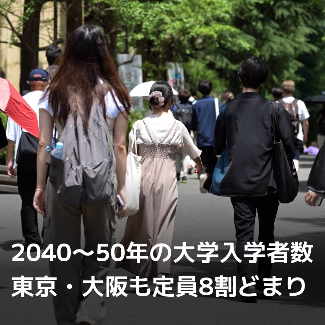 日本経済新聞社さんのインスタグラム写真 - (日本経済新聞社Instagram)「文部科学省は2040〜50年の国内の大学入学者数の推計を公表しました。現状の入学定員が維持された場合、都道府県別の充足率は東京都や大阪府でも8割台に落ち込みます。急速な少子化が原因で、都市部でも経営が厳しくなる大学が増えそうです。⁠ ⁠ 詳細はプロフィールの linkin.bio/nikkei をタップ。⁠ 投稿一覧からコンテンツをご覧になれます。⁠ ⁠ #大学  #入学  #文部科学省  #少子化  #日経電子版 #ニュース」7月16日 9時00分 - nikkei